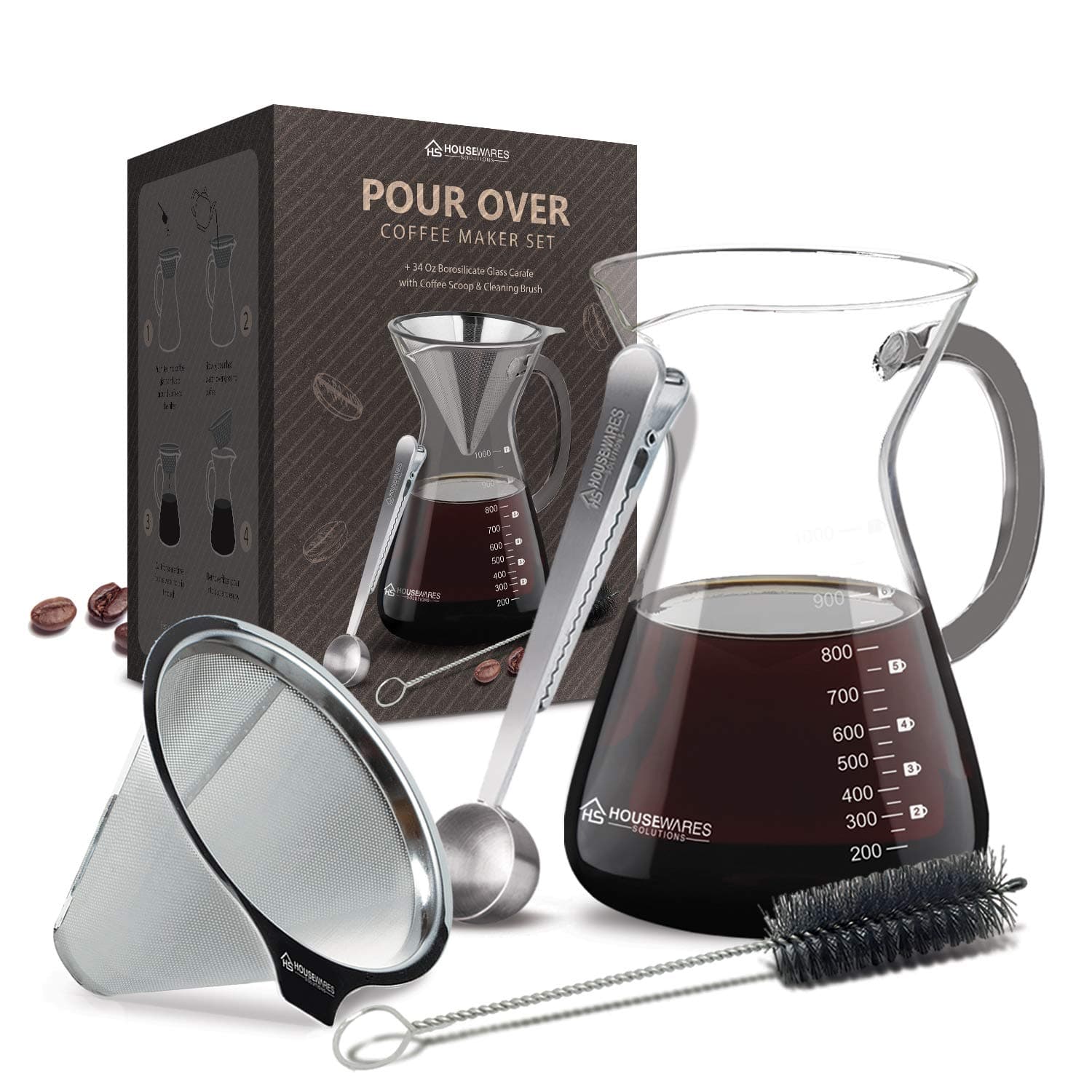 Pour Over Coffee Maker Set - 34 oz Large Borosilicate Glass Carafe, Thickened Rust Resistant Heat Resistant Double-Layer Stainless Steel Dripper/Filter with Coffee Scoop and Cleaning Brush