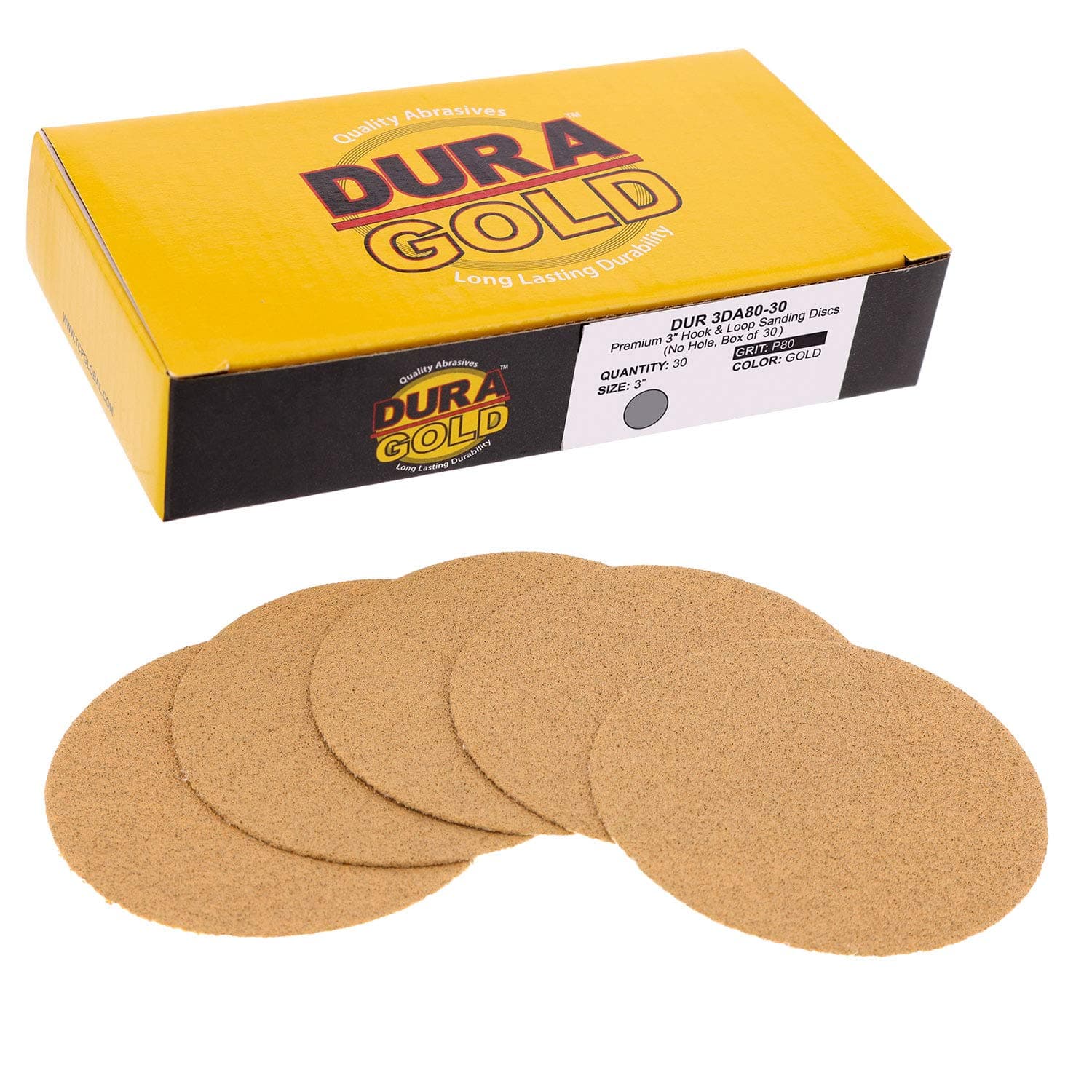 Dura-Gold - Premium - 80 Grit 3" Gold Hook & Loop Sanding Discs for DA Sanders - Box of 30 Sandpaper Finishing Discs for Automotive and Woodworking