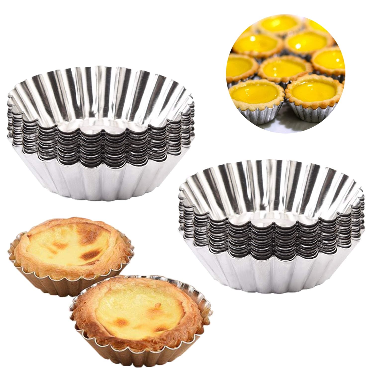 Egg Tart Molds, Amatted 50 PCS Reusable Tinplate Baking Cups Non-Stick Cupcake Cake Muffin Moulds Mini Pie Tin Tartlet Pans Puto Cup Chocolate Molds DIY Baking Tools (Tinplate)