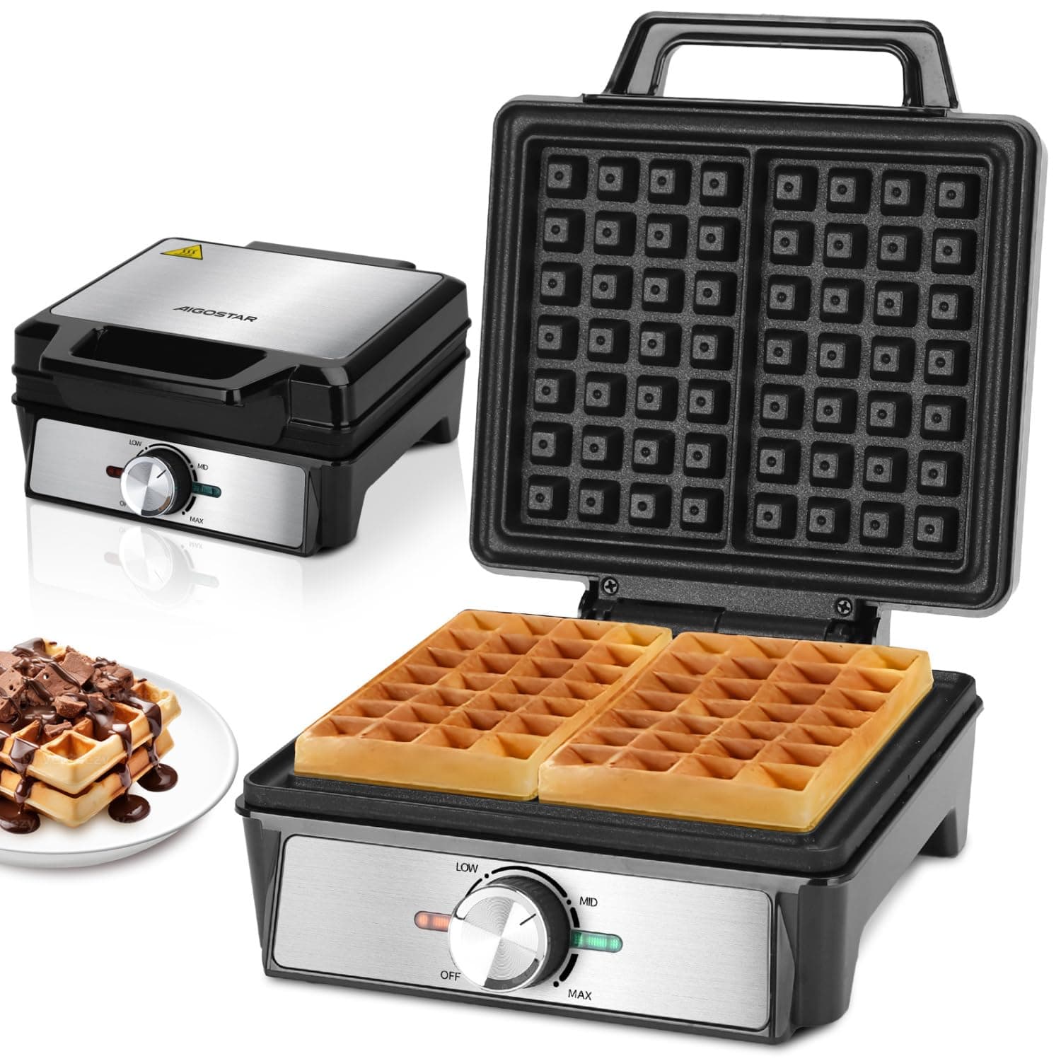 Aigostar Professional Waffle Maker 1600W, Deep Fill Belgian Waffle Iron with Adjustable Temperature Control, Double-Sided Heating, Non-Stick Anti-Spill Plates, Easy Clean, Black - Savory