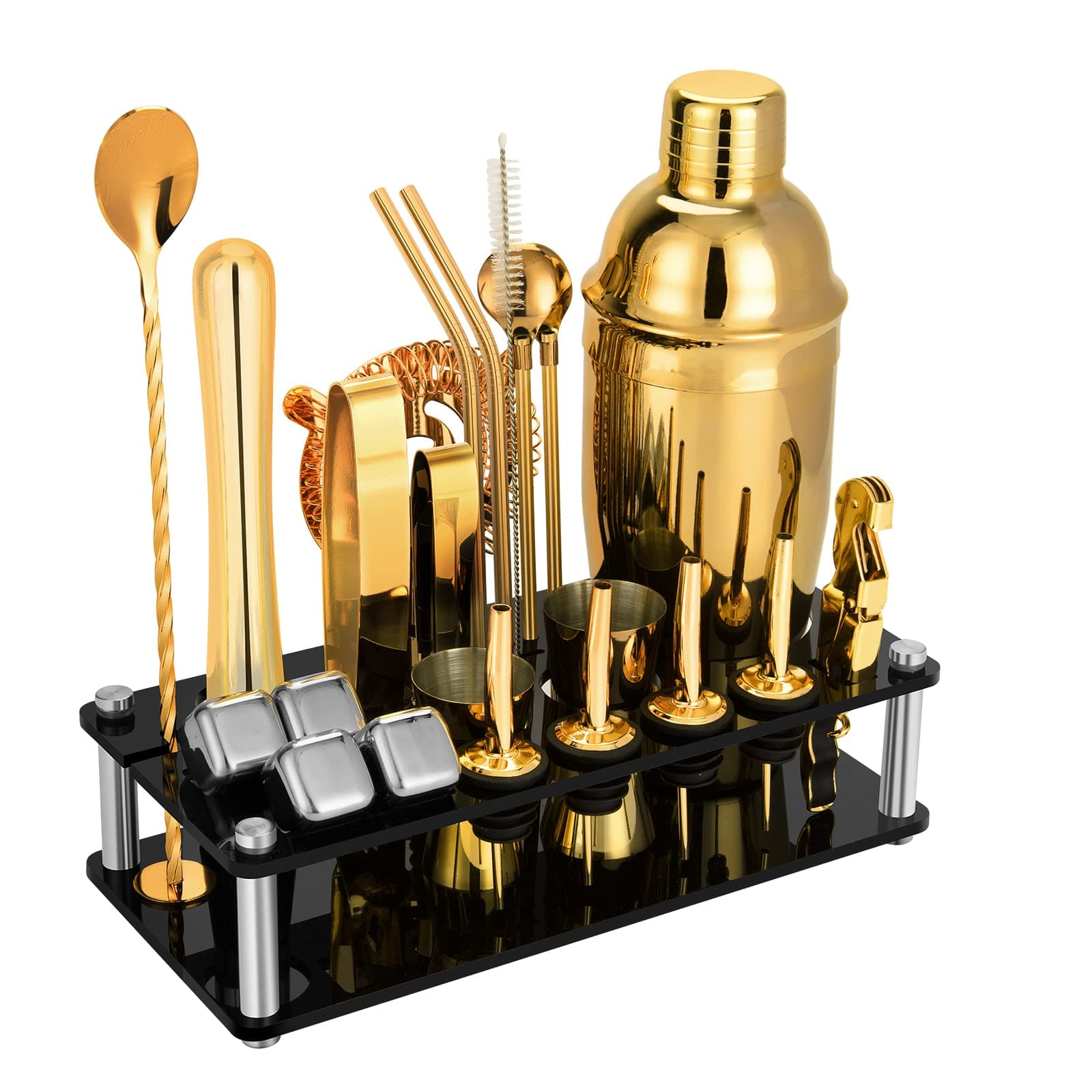 23 Piece Cocktail Shaker Set Bartender Kit with Acrylic Stand & Cocktail Recipes Booklet, Professional Bar Tools for Drink Mixing, Home, Bar, Party (Include 4 Whiskey Stones) - Gold