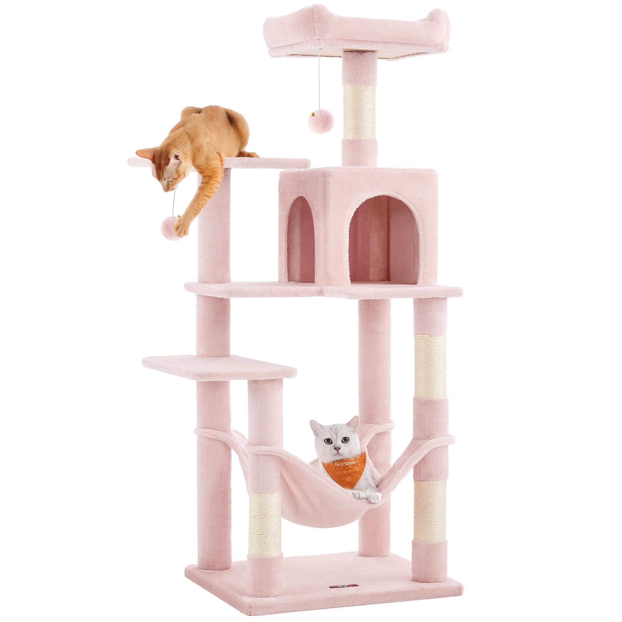 Feandrea Cat Tree, 55.1-Inch Cat Tower, Plush Multi-Level Condo with 4 Scratching Posts, 2 Perches, Hammock, Cave, Jelly Pink UPCT161P01