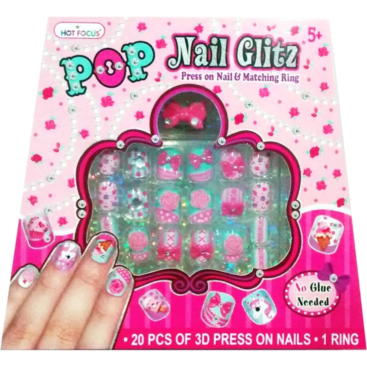 Hot Focus 032BB Pop Nail Glitz Press On Nails & Matching Ring Ballerina Beauties