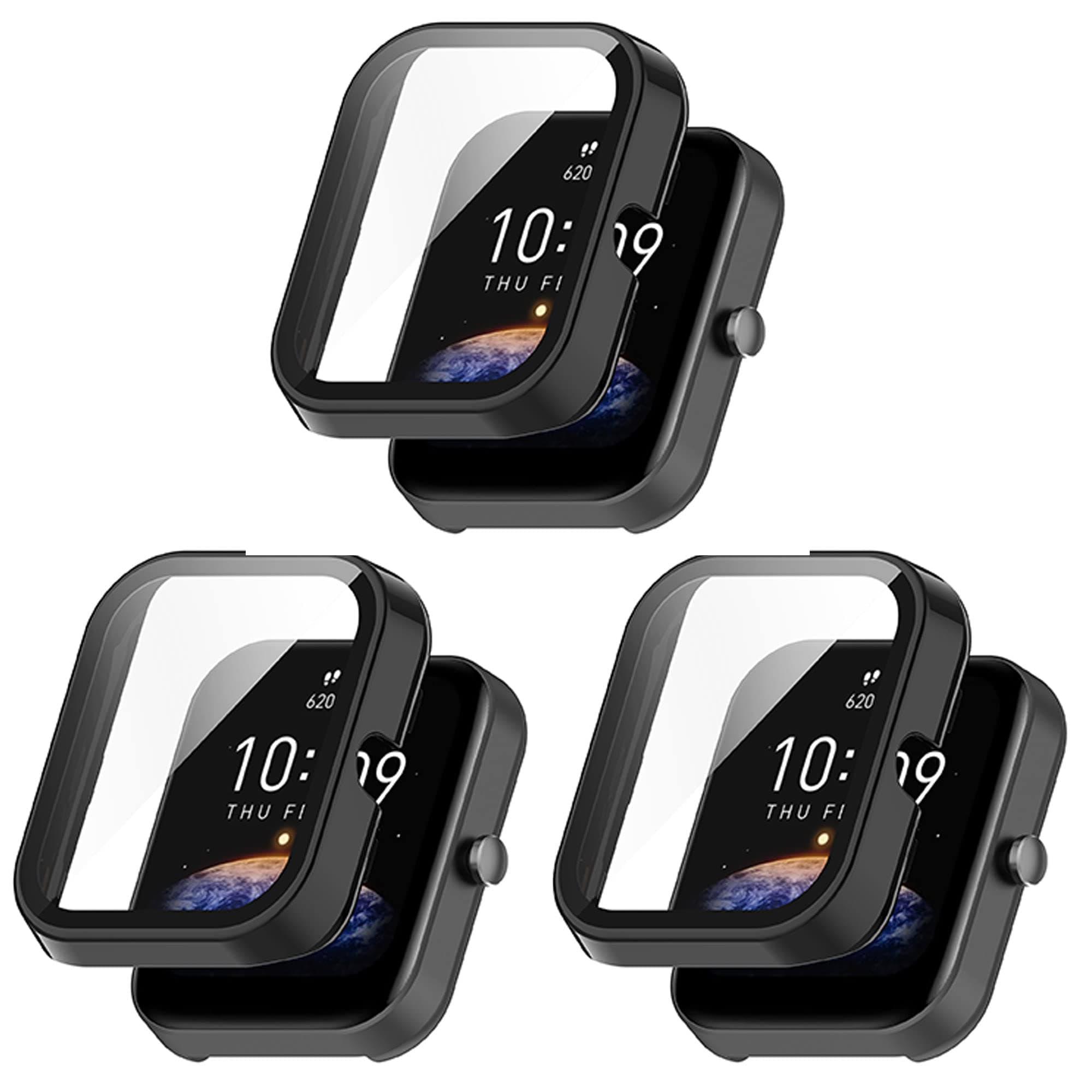 FitTurn Compatible with Amazfit Bip 3 Pro Screen Protector Cases Replacement PC Slim Case Cover 3D Full Coverage Tempered Glass Screen Protector for Bip 3 Pro Watch (Black)