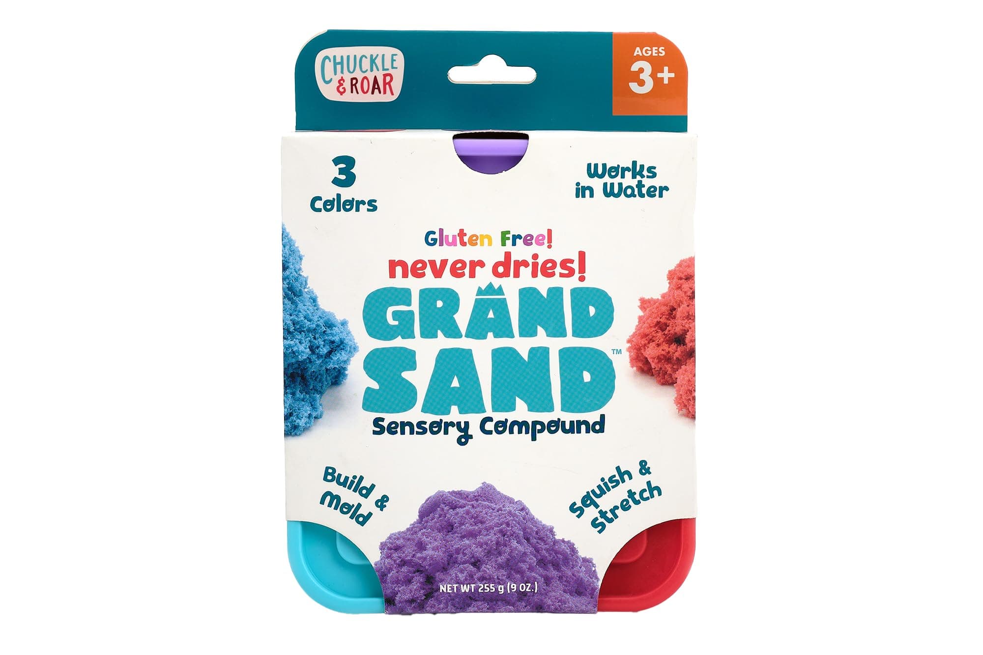 Chuckle & Roar Grand Sand Sensory 3-Pack – Never-Drying Tactile Construction Sand, Gluten-Free, Reusable, Works in Water, Creative Play for Kids Ages 3+
