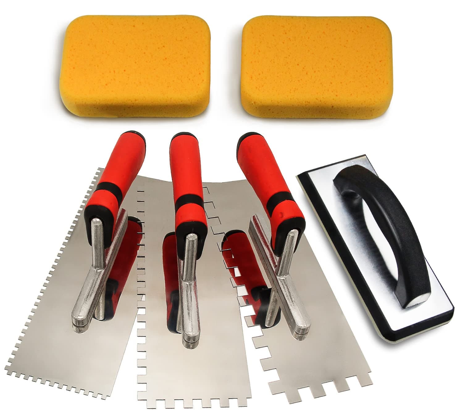 Tile Tools Stainless Steel Square Notch Trowel Set Plus Rubber Grout Float and Grout Sponge for Tiling Installation Grouting