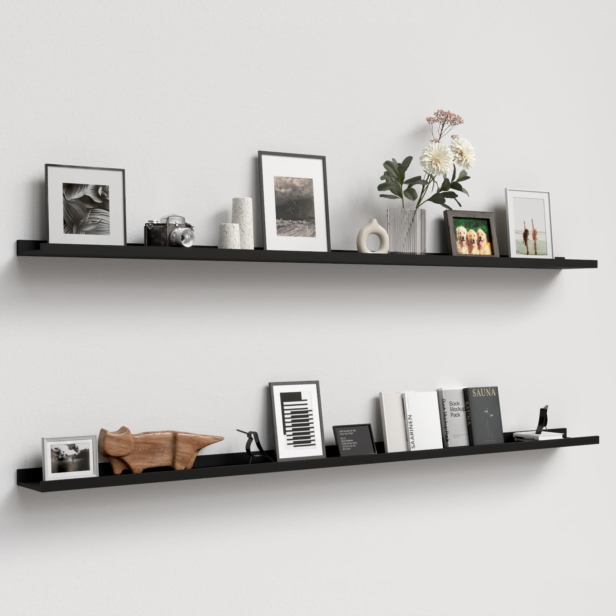 70.9 Inches Long Floating Shelves, 2 Set Modern Wall Shelf for Bedroom, Nursery Book Shelf with Lip, Picture Ledge Shelf for Wall Decor Living Room Bathroom Kitchen - Black