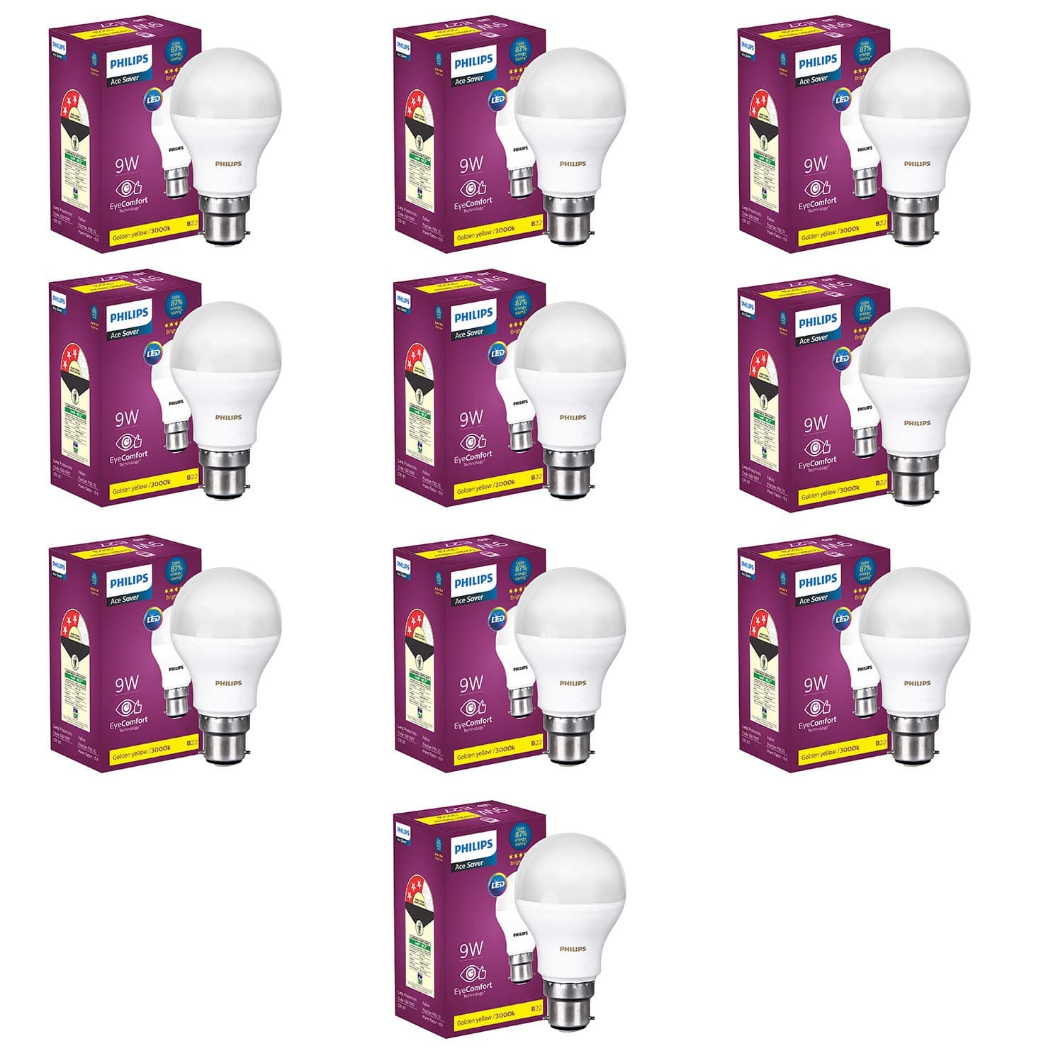 Base B22 9-Watt LED Bulb (Warm White/Golden Yellow) - Pack of 10