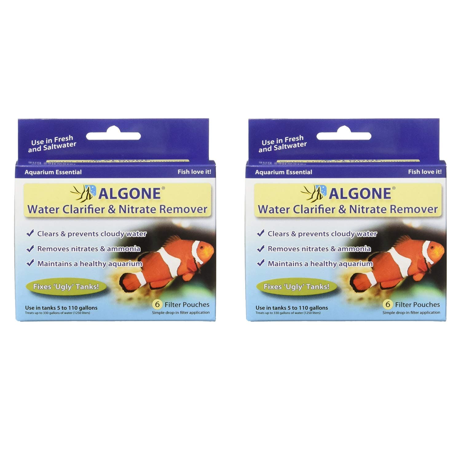 Algone Aquarium Water Clarifier and Nitrate Remover, 6 Filter Pouches - 2 Pack