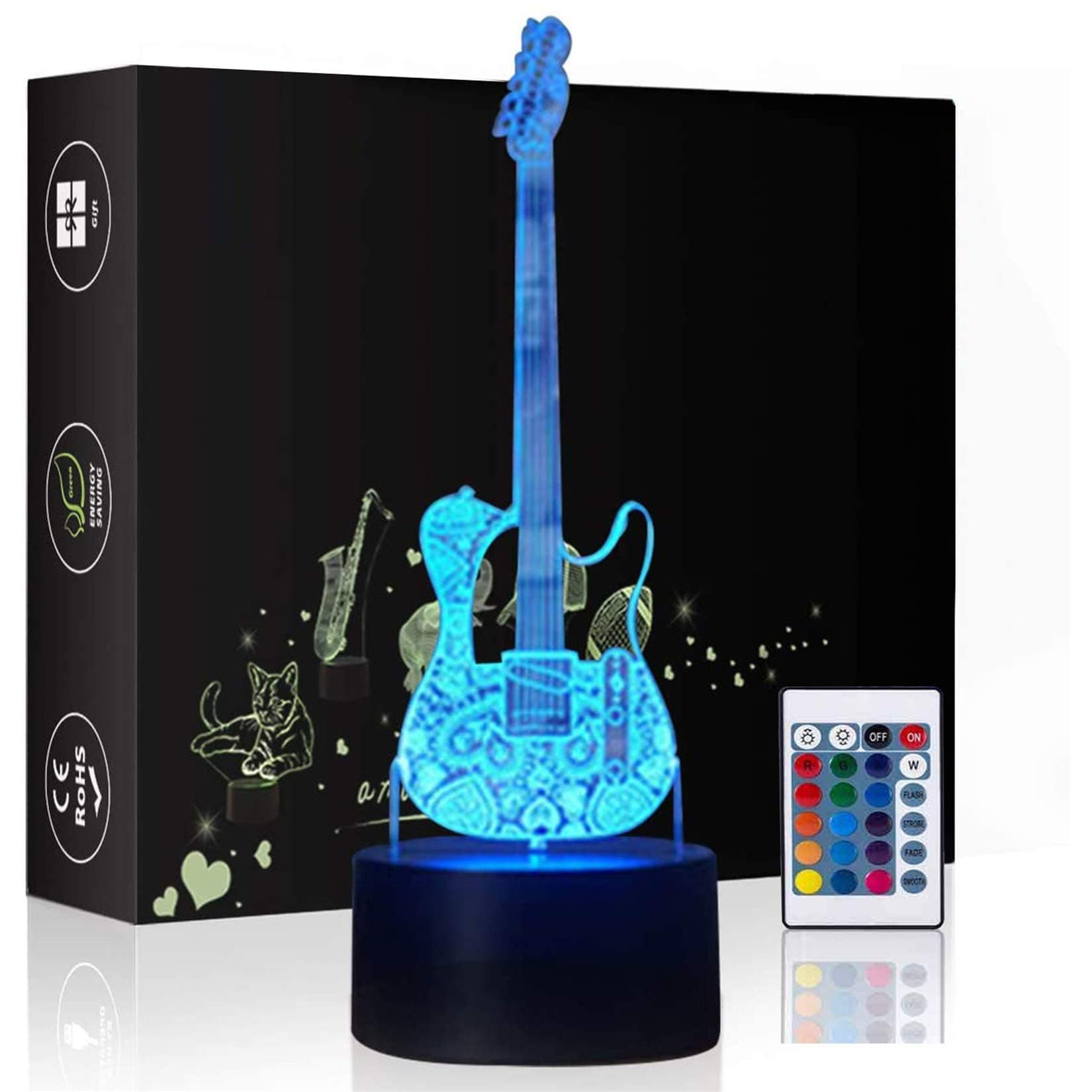 HeXie LED Night Lights 3D Illusion Bedside Table Lamp 16 Colours Changing Sleeping Lighting with Smart Touch Button Warming Present Creative Decoration Ideal Art and Crafts (Guitar)