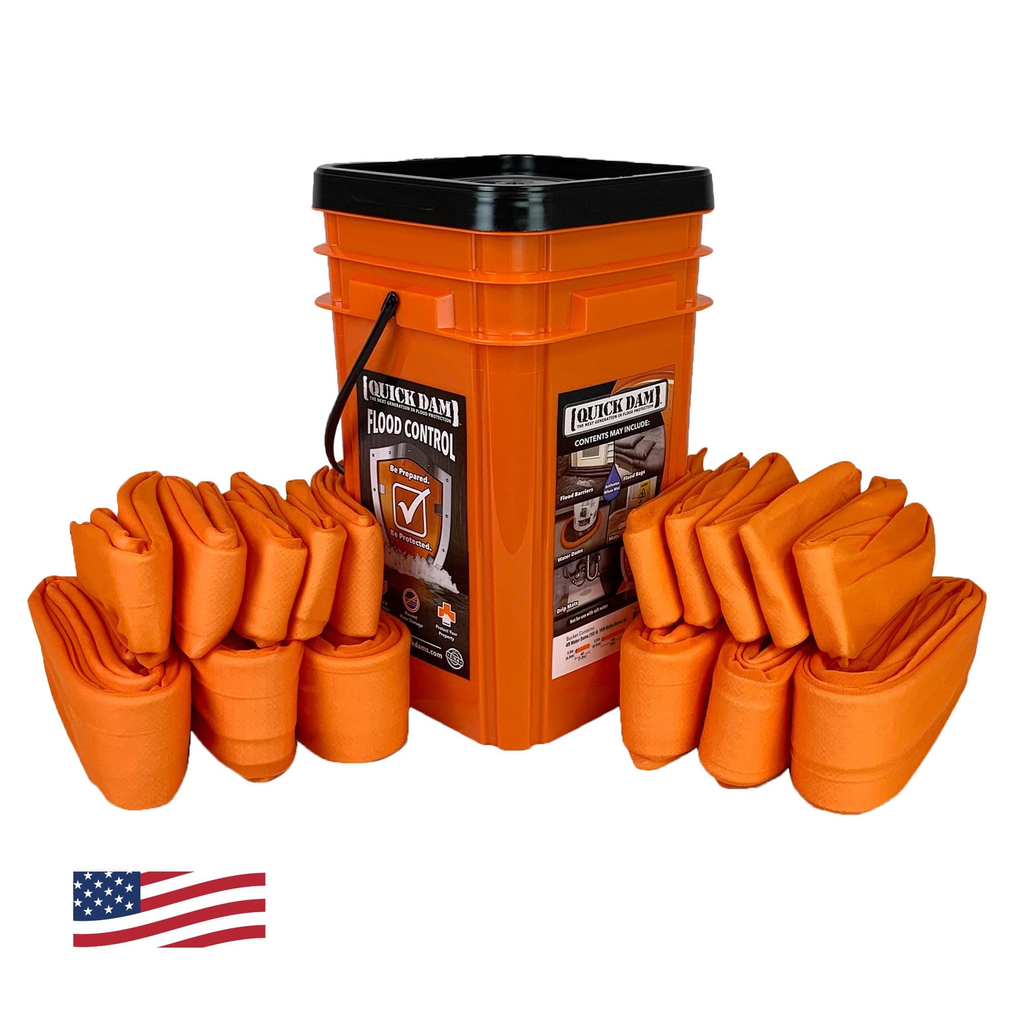 Quick Dam Water Activated Dams – 10-Pack (4ft & 10ft) in High-Visibility Orange Bucket – Rapid Flood Protection for Home, Garage, Basement & Industrial Use