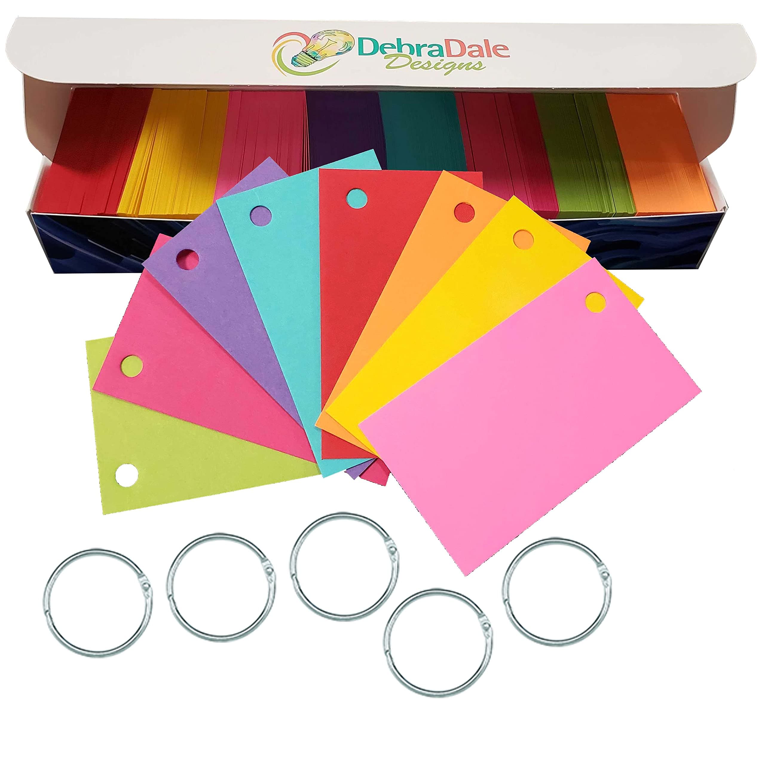 Debra Dale Designs - 800 Small Blank Study Flash Cards - Hole Punched - 5 Rings - 3-1/2" x 2" - Eight delicious colors that Pop (shades may vary) - 100 Each Color - Premium Heavy 100# Cover Card Stock