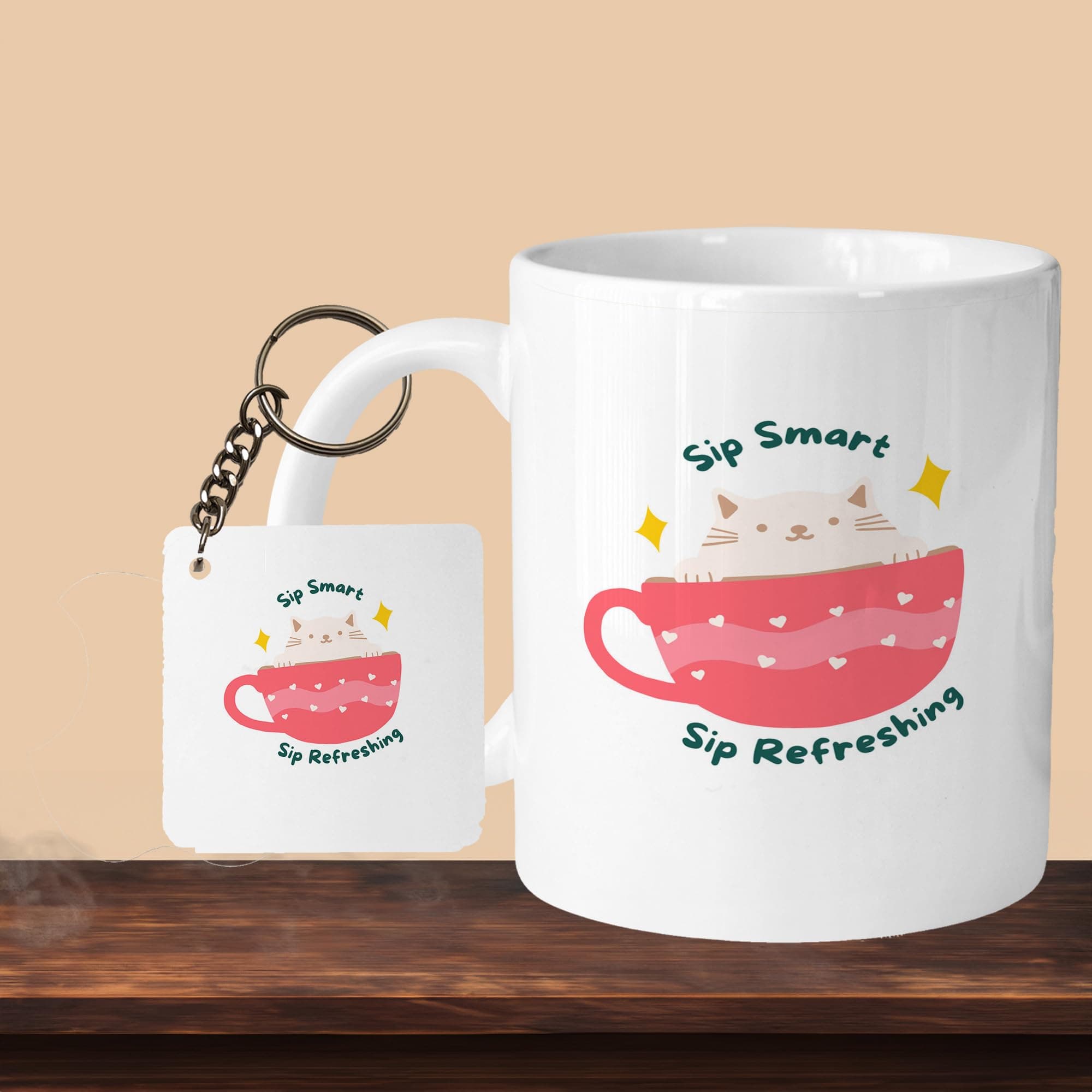 Premium 330ml Ceramic White Coffee Mug - Perfect for Coffee and Tea - with Keychain Sip Smart Sip Refershing L-S