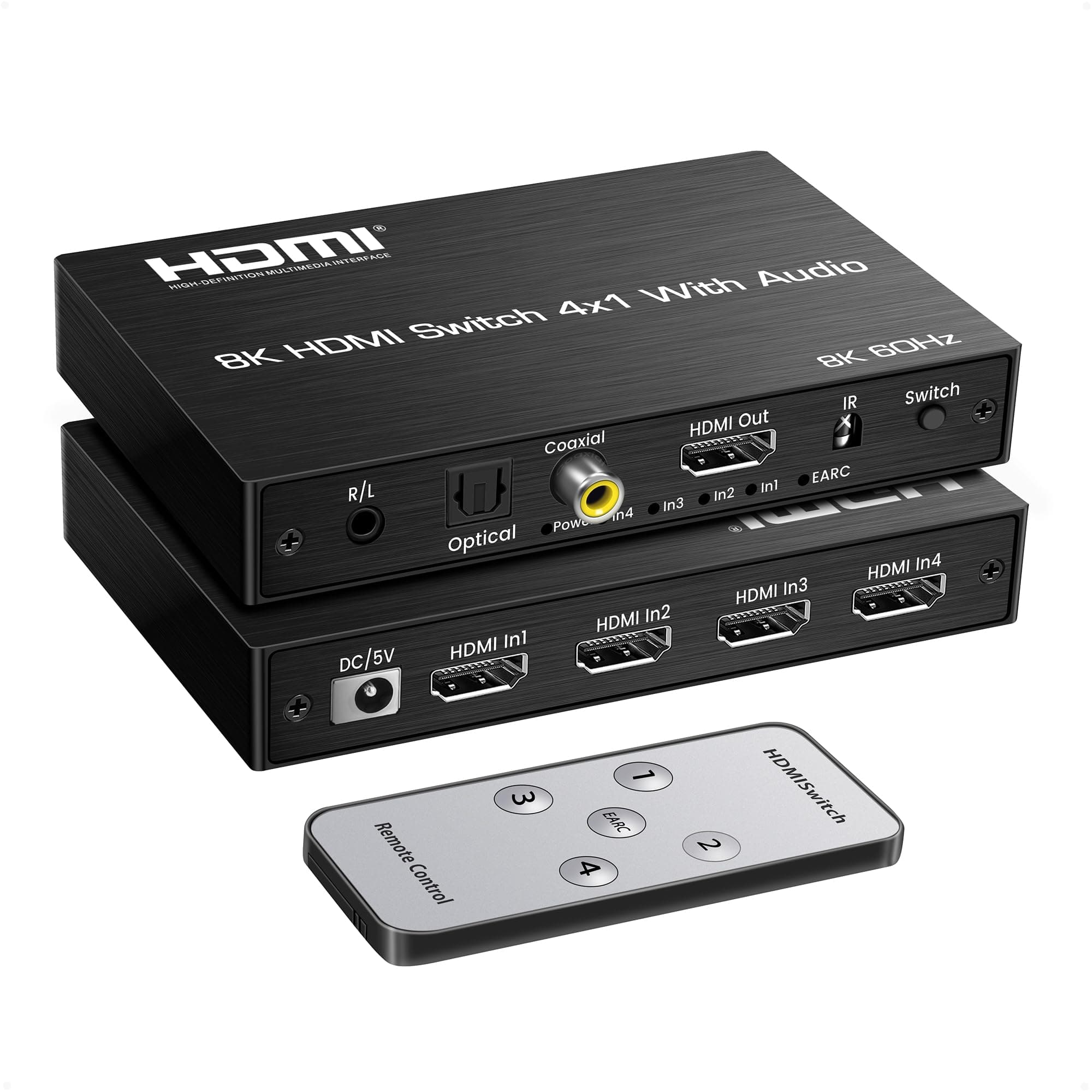 8K@60Hz 4X1 HDMI Switch with eARC/ARC Audio Extractor, Optical, Coaxial & L/R Out, HDMI Switcher Support SPDIF 5.1Ch, 48Gbps, HDCP2.3, HDR, 4 In1 Out HDMI 2.1 Switch with ARC Audio Out for PS4/5, Xbox