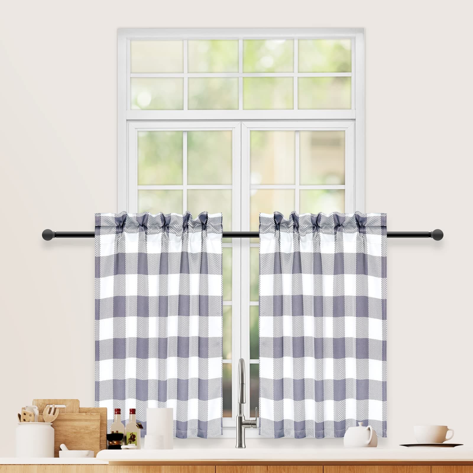 Simple Deluxe Buffalo Plaid Check Kitchen Tier Curtains, Short Small Window Gingham Curtain for Cafe, Bathroom, Kitchen Rod Pocket Curtains, 26" W x 24" L, White and Gray