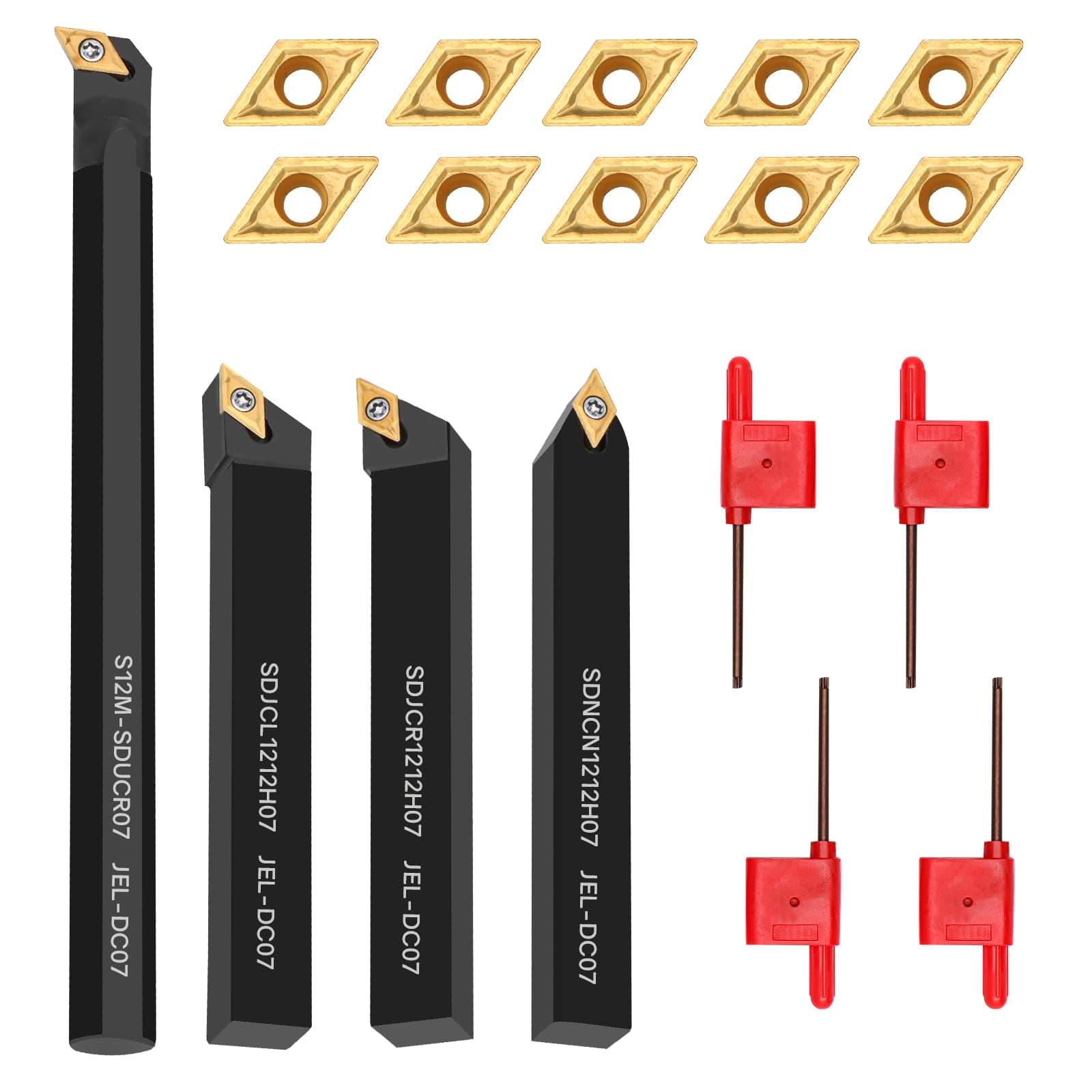 Indexable Lathe Turning Tool 1/2" 12mm Shank 14PCS Kit-4PCS Metal Lathe Tools Holder 10PCS DCMT21.51 Carbide Insert for Grooving Turning Boring SDNCN12120H07/SDJCR1212H07/S12M-SDUCR07/SDJCL1212H07