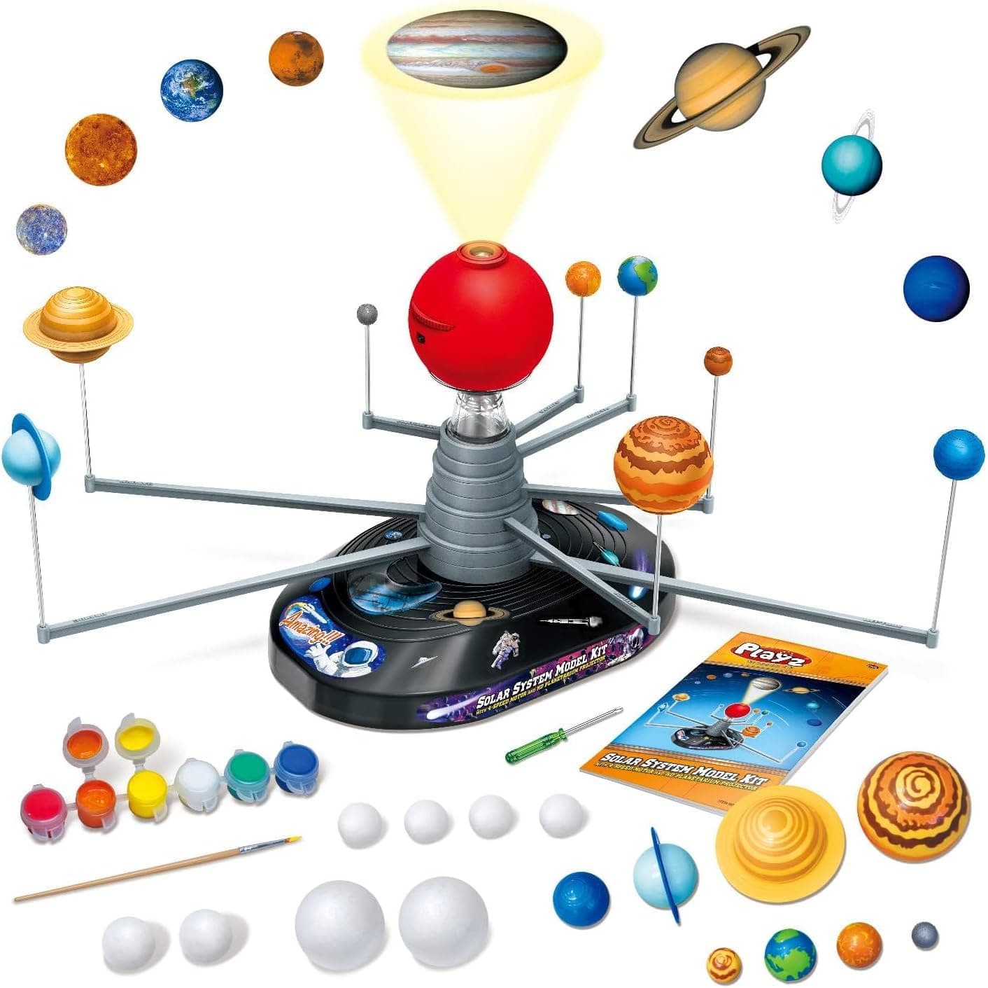 Premium Solar System Model Kit for Kids - 4 Speed Motor, HD Planetarium Projector, 8 Painted Planets & 8 White Foam Balls with Paint and Brush for a Hands-On STEM DIY Project for Space Toys