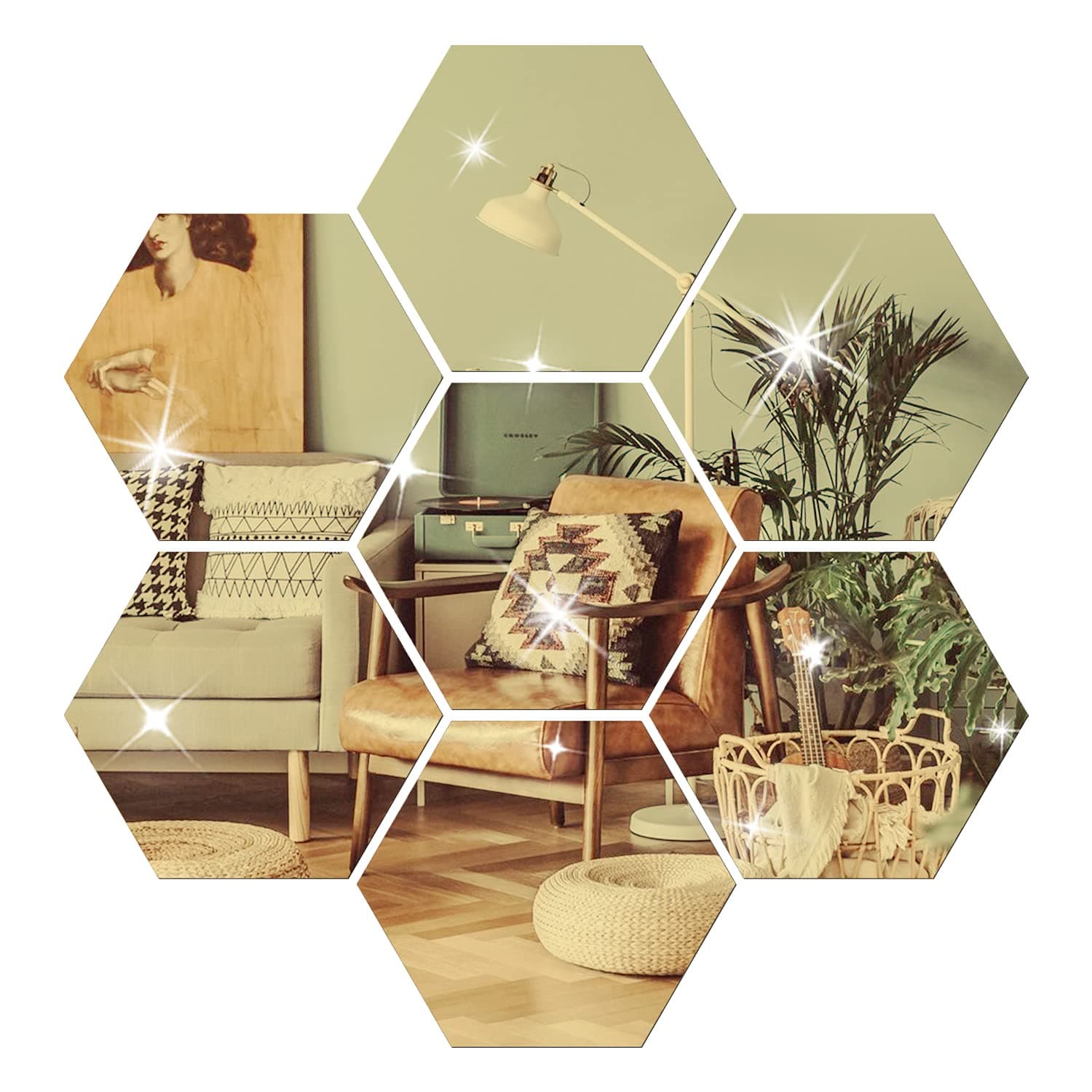 DIY Wall Decals Acrylic Mirror Sticker Set 12 Pcs, Hexagon Mirror Wall Stickers for Living Room Bedroom Decor (Gold)