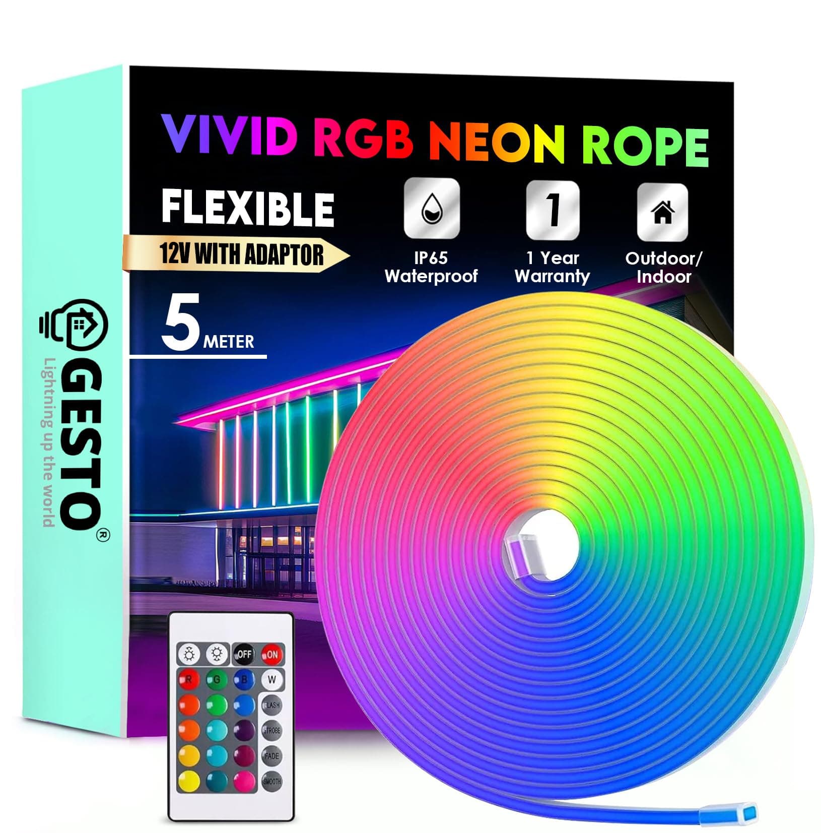 Gesto 5 Meter Neon Strip Lights – Multicolor LED Lights for Home Decoration, Bedroom,Diwali Decoration,PC,Gaming | 16 Colors Remote Operated 300 Led RGB Strip Light (Adaptor Included)