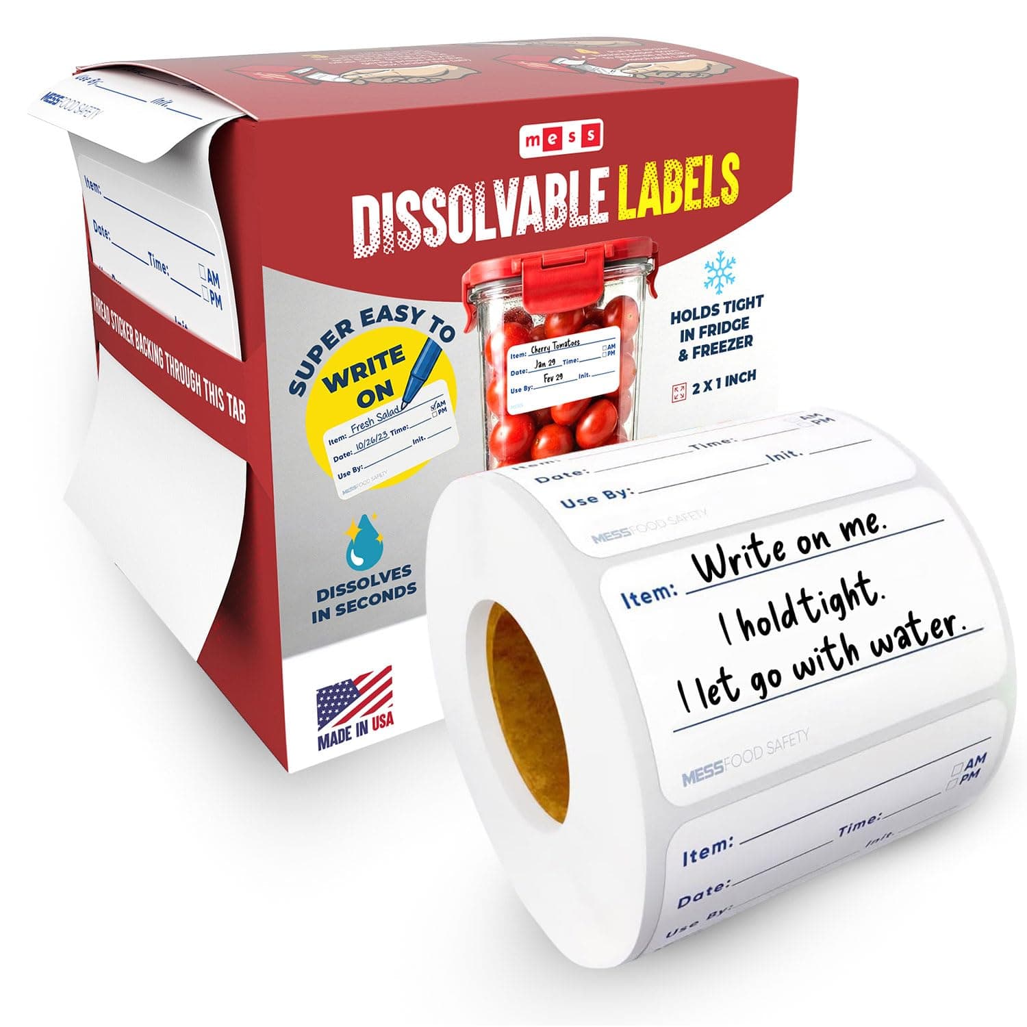 MESS Dissolvable Food Labels, 1x2, 200/Roll - Dissolves in 30 Seconds or Less - Removable Pantry, Meal Prep & Food Storage Labels – Canning & Freezer Use