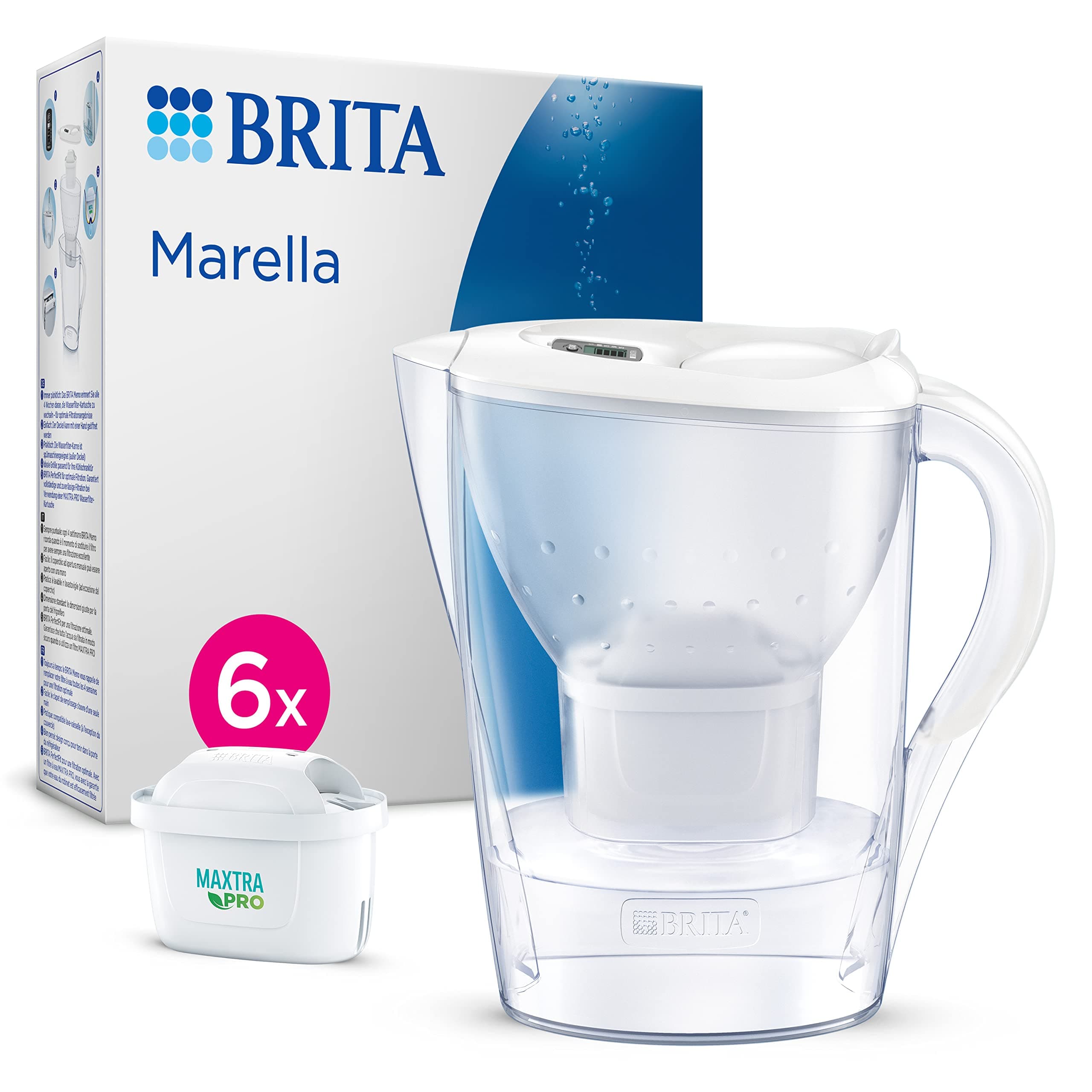 Marella Water Filter Jug White (2.4L) Half Year Pack incl. 6x MAXTRA PRO Pure Performance cartridge - fridge-fitting jug with digital LTI and Flip-Lid - now in sustainable Smart Box packaging