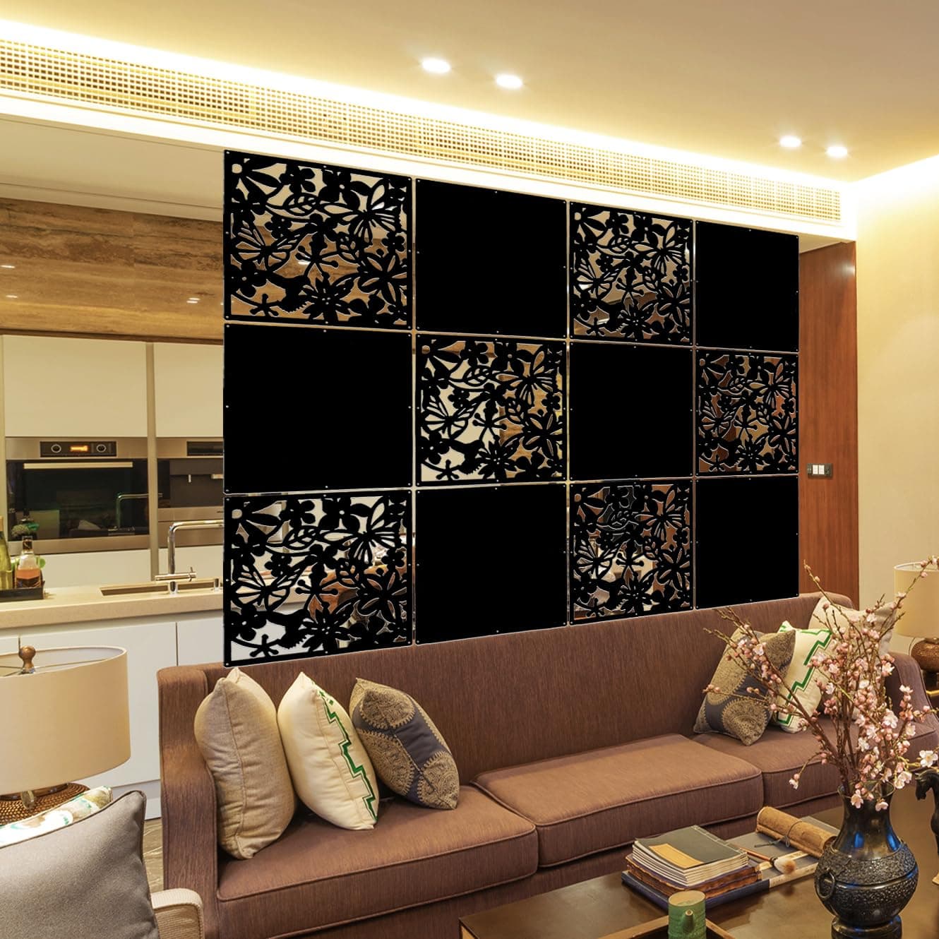 LRZCGB Hanging Room Divider,12pcs PVC Black Panel Screen Solid for Decorating Living, Dining, Study and Sitting-Room, Hotel(Black+Solid Board)