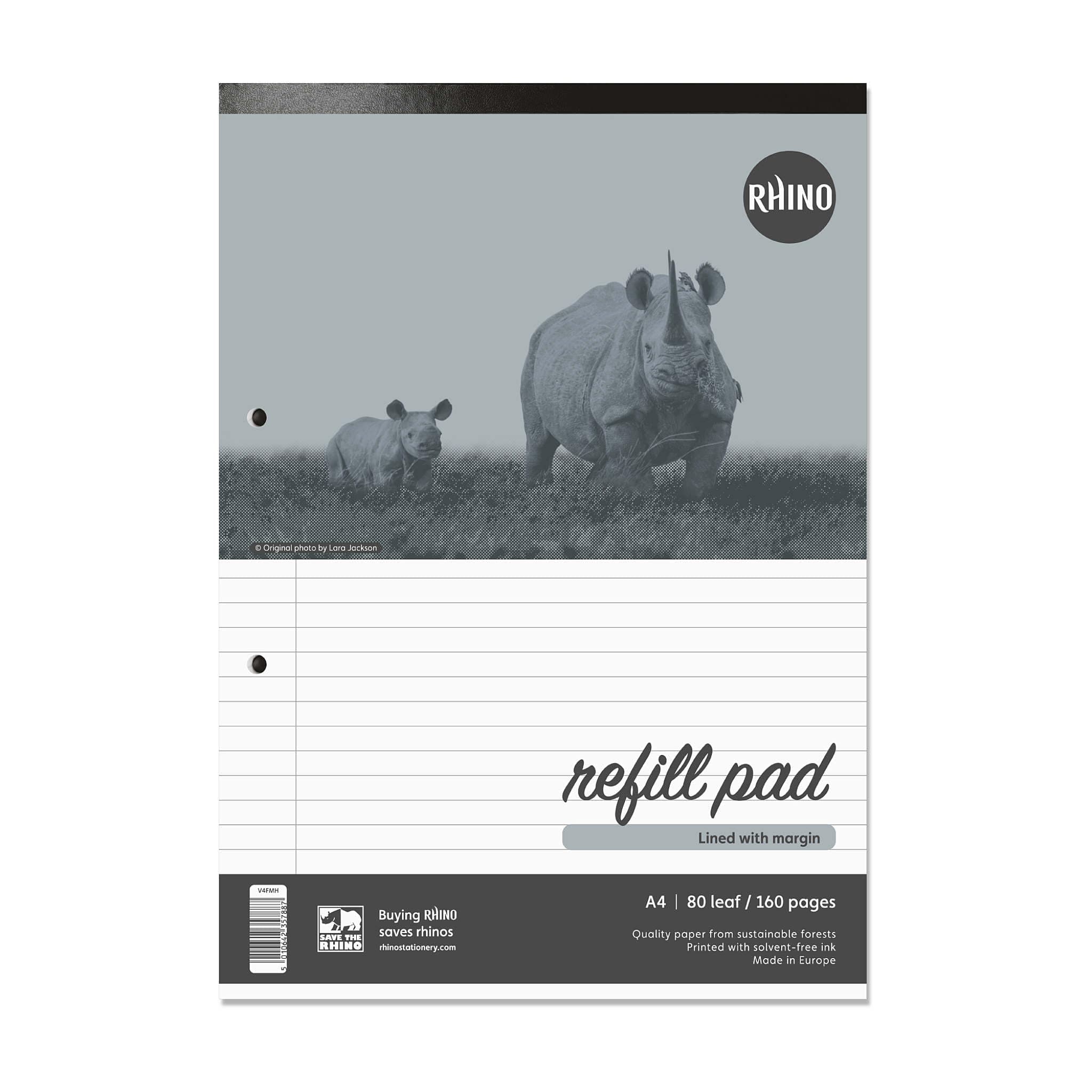 RHINO A4 Refill Pad, Writing Pad, 160-Page / 8mm Lined with Margin, 1-Pack, White Hole Punched Top Binding Writing Paper, Office & School Stationery Supplies