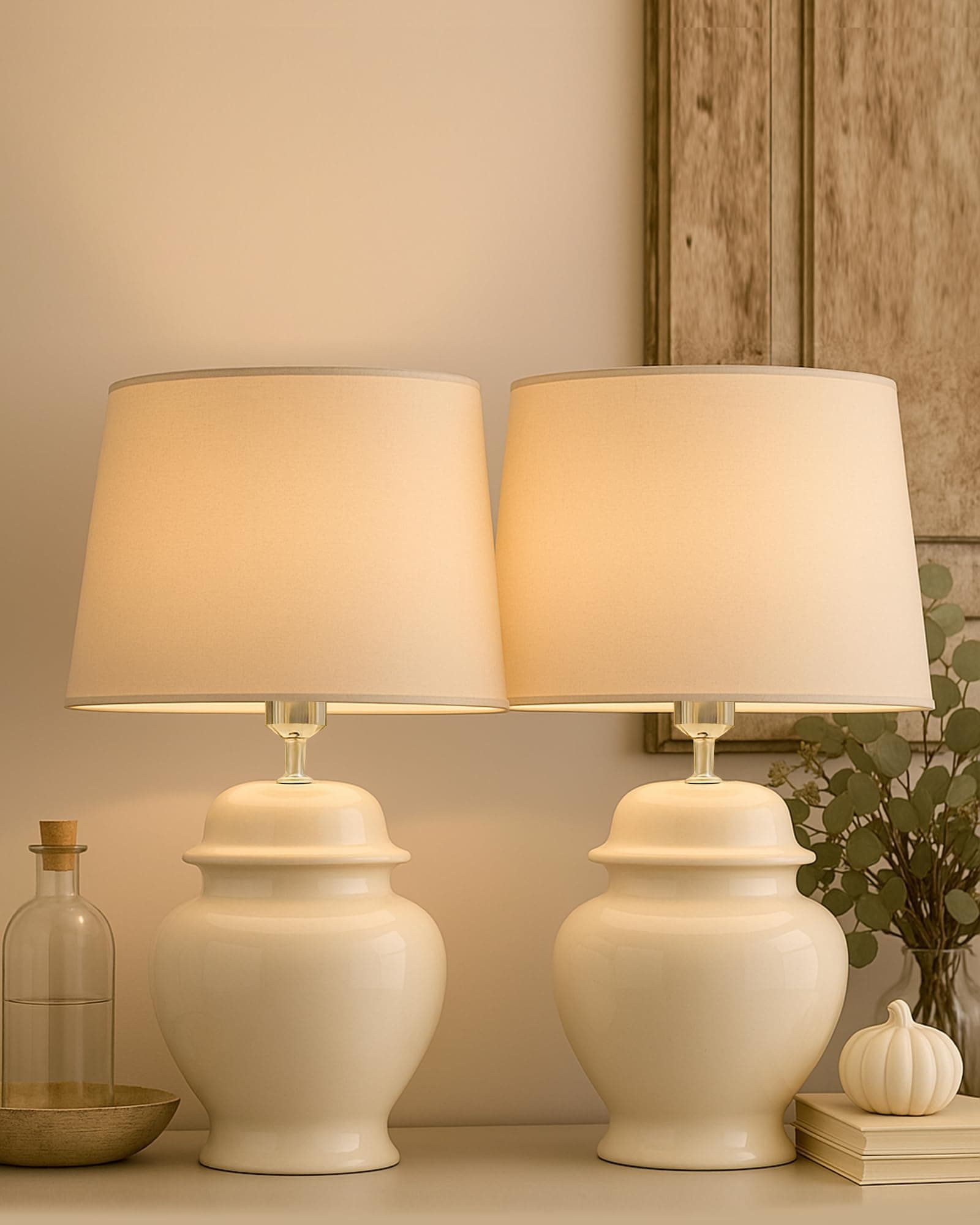 Homesake ® Ceramic Pot Shaped Base White Led Table Lamp Classic Desk Lamp For Living Room Bedroom, Farmhouse Nightstand Lamps Round, With Shade, (Khadi_ Pack Of 2)