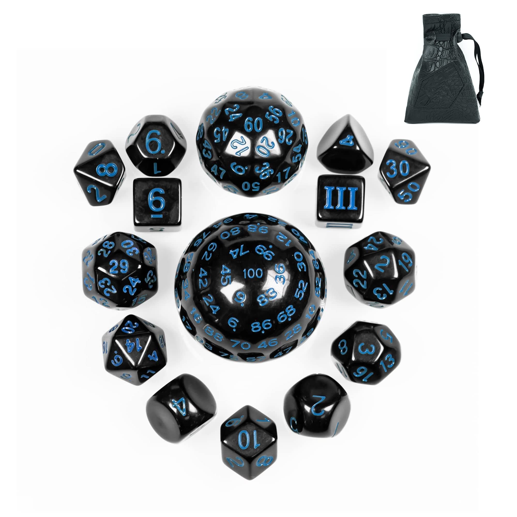 15 Pieces Complete Polyhedral DND Dice Set D3-D100 Spherical D&D Dice Set with Dragon Eye Dice Bag, D100 Dice for RPG Table Games(Black w/Blue Numbers)