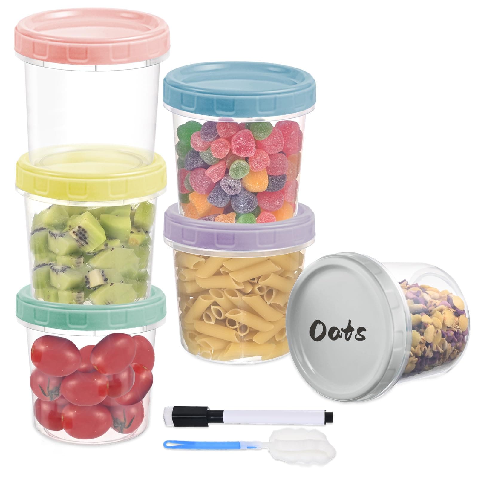 6pcs 16 oz Plastic Deli Containers with Screw Lids, Small Freezer Containers Reusable 2 Cup Food Storage Container with Pen & Brush for Snack Salad Fruit, Microwave & Dishwasher Safe BPA Free