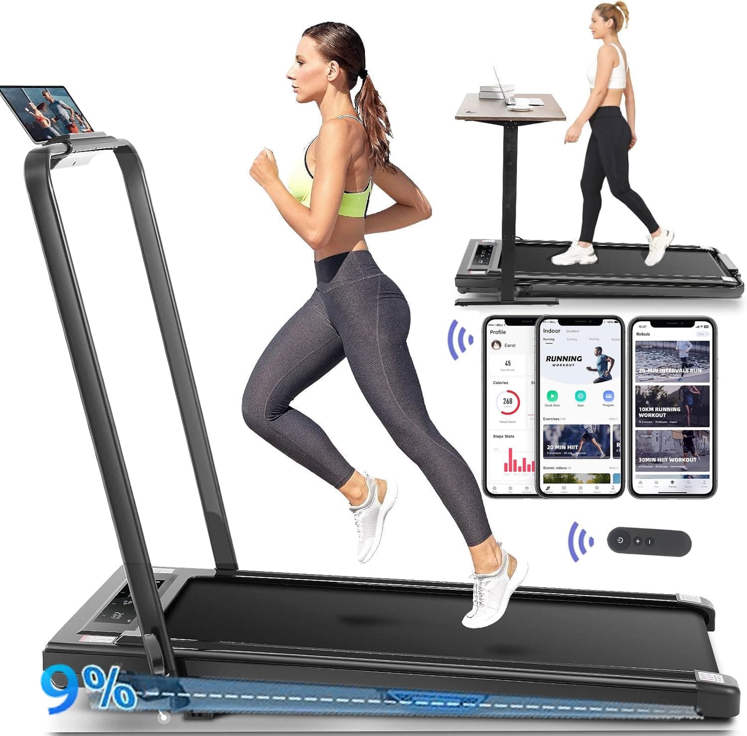 BEAPHIE 2 in1 Foldable Under Desk Treadmill-Walking Pad, LED Display MAX 3.5HP Adjustable Slope, With Remote Control&APP Controlled Home Fitness Equipment, for Home Office 6-10km | Max 110kg