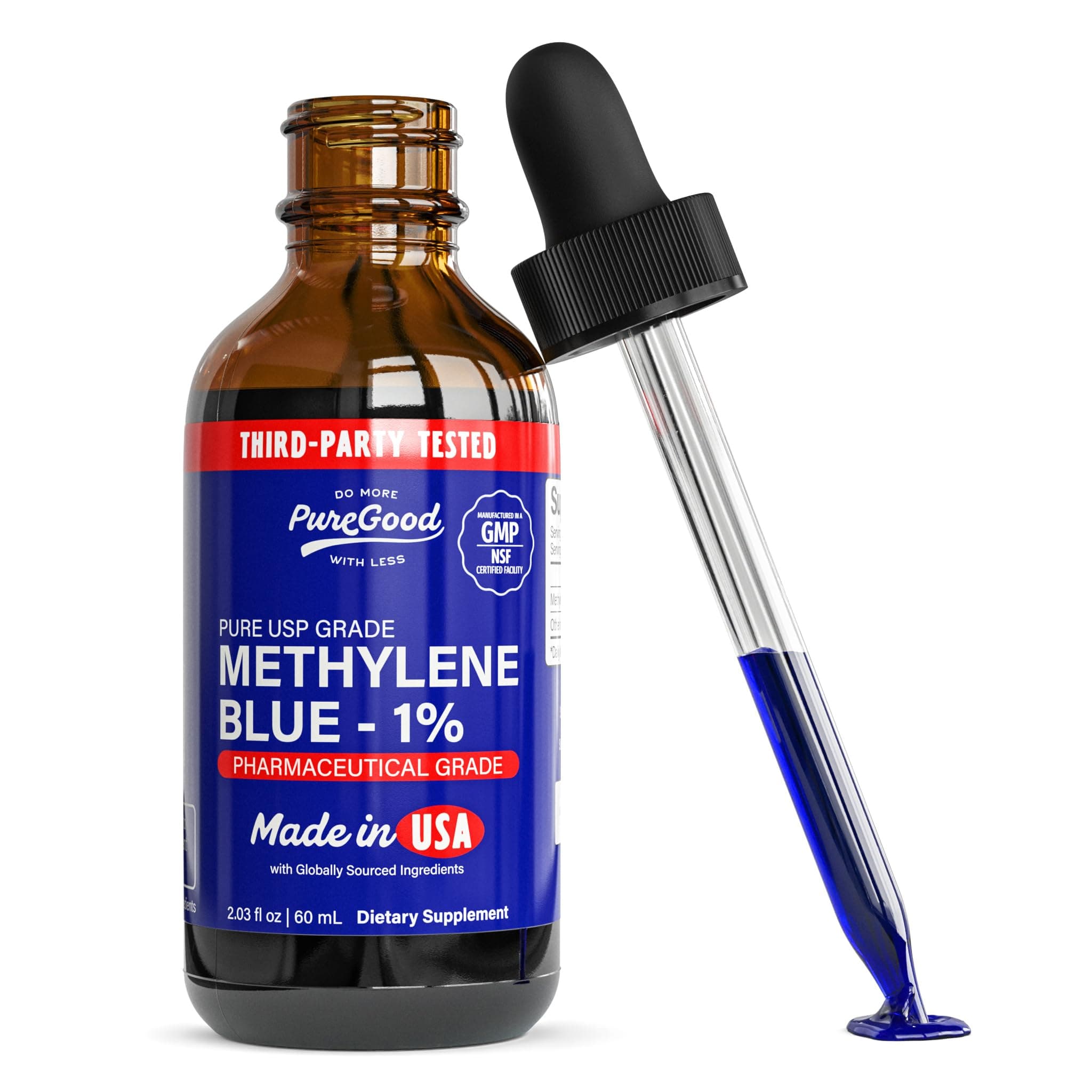 Pharmaceutical-Grade Methylene Blue 1% – 60mL | USP-Grade, Third-Party Tested, Alcohol-Free | Amber Dropper Bottle