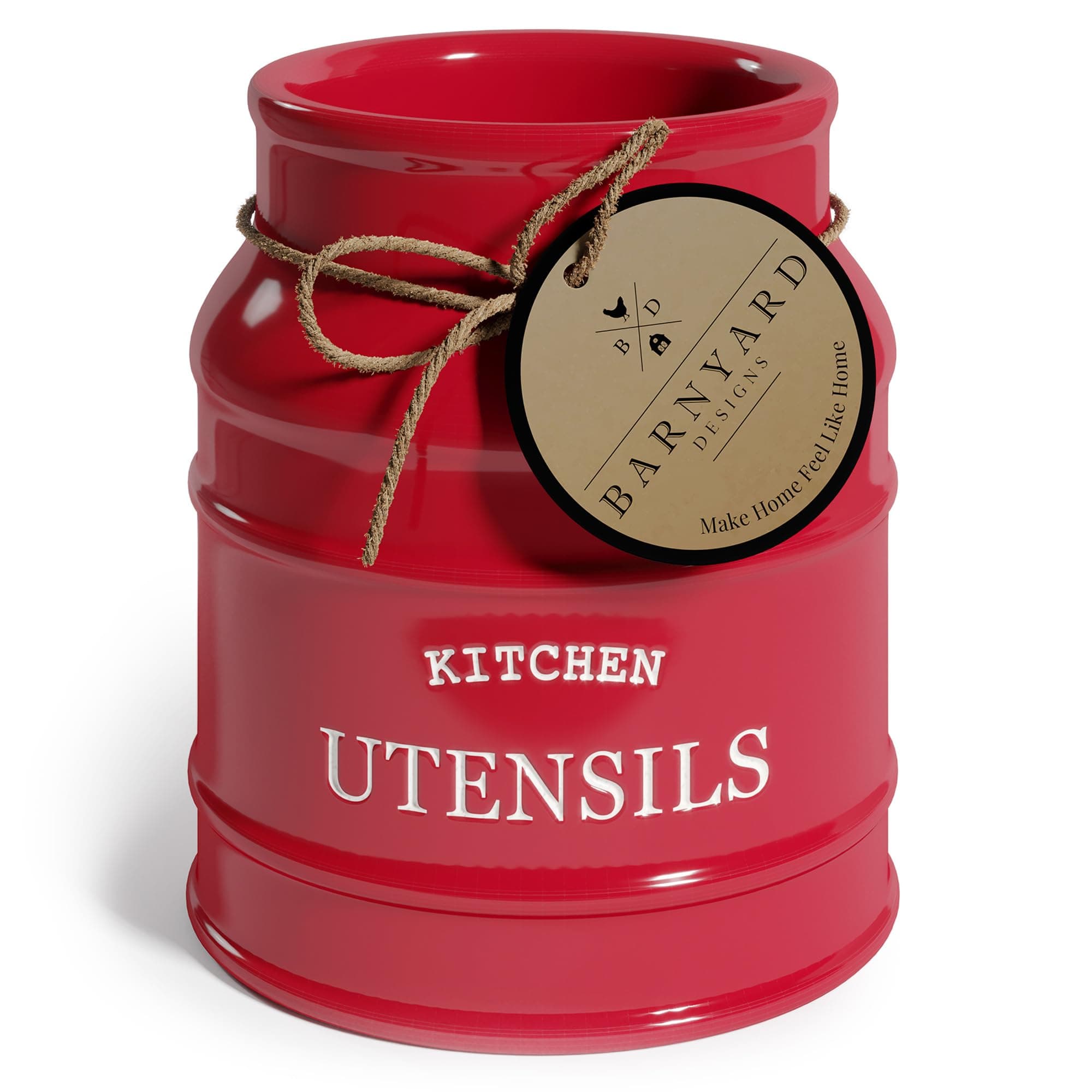 Barnyard Designs Ceramic Utensil Crock Holder for Kitchen Counter, Rustic Farmhouse Countertop Decor, French Country Organizer for Cooking Utensils, Red, 15 x 17cm