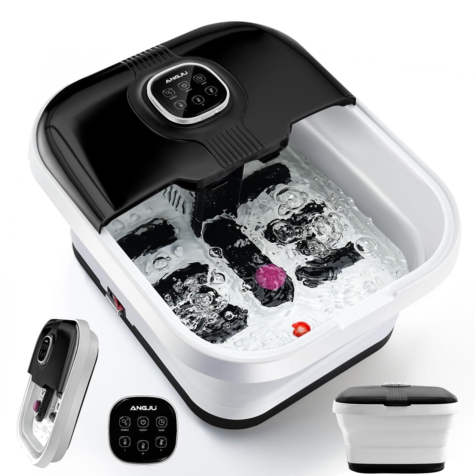 Angju Collapsible Foot Spa with Heat,Remote Temperature Control and Bubble,Foot Bath Massager Tub with 6 Massage Rollers,Timer and Pumice Stone,Electric Pedicure Feet Soak Machine for Stress Relief