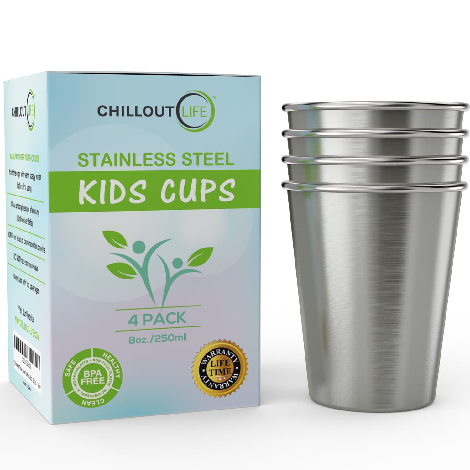 CHILLOUT LIFE Stainless Steel Kids Cups 8 oz - Stainless Steel Small Children Cups for Home & Outdoor Activities, BPA Free Unbreakable Premium Stackable Metal Drinking Glasses (4-Pack)