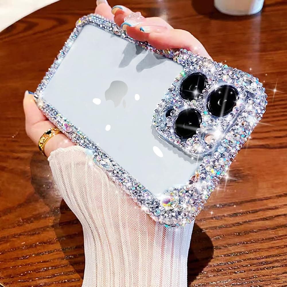 Cavdycidy Designer Compatible with iPhone 14 Pro Max Bling Clear Case for Women,Cute Glitter Phone Case with Sparkle Rhinestone Diamond Camera Protection,Airbag Anti-Fall Crystal Hard Cover for Girl