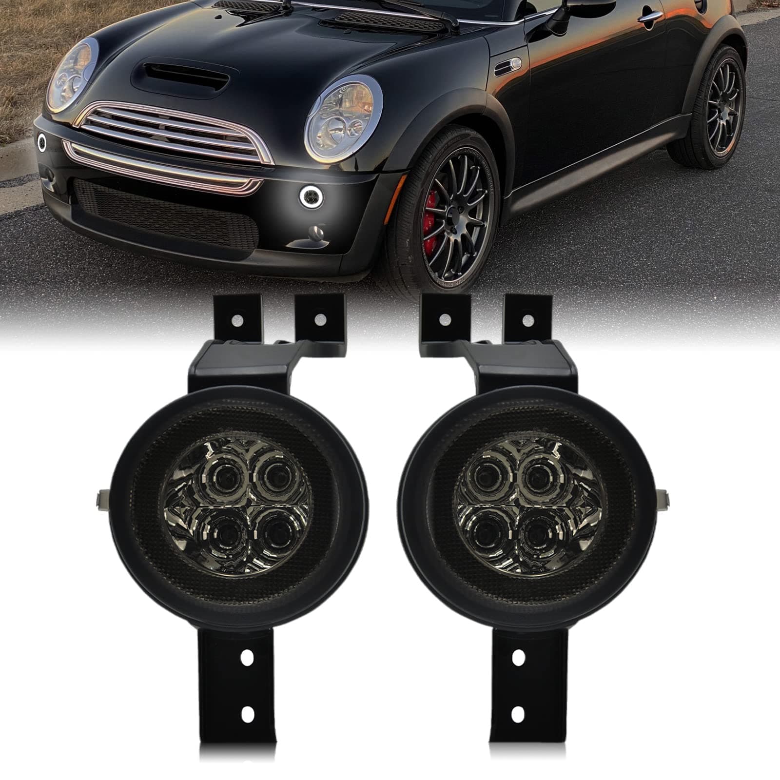 LED Front White Halo DRL Driving Parking Light Compatible with Cooper R50 R53 Hatchback 2002-2006/ Cooper R52 Convertible 2004-2008, Amber Turn Signal Lamps Assembly, Smoke Lens