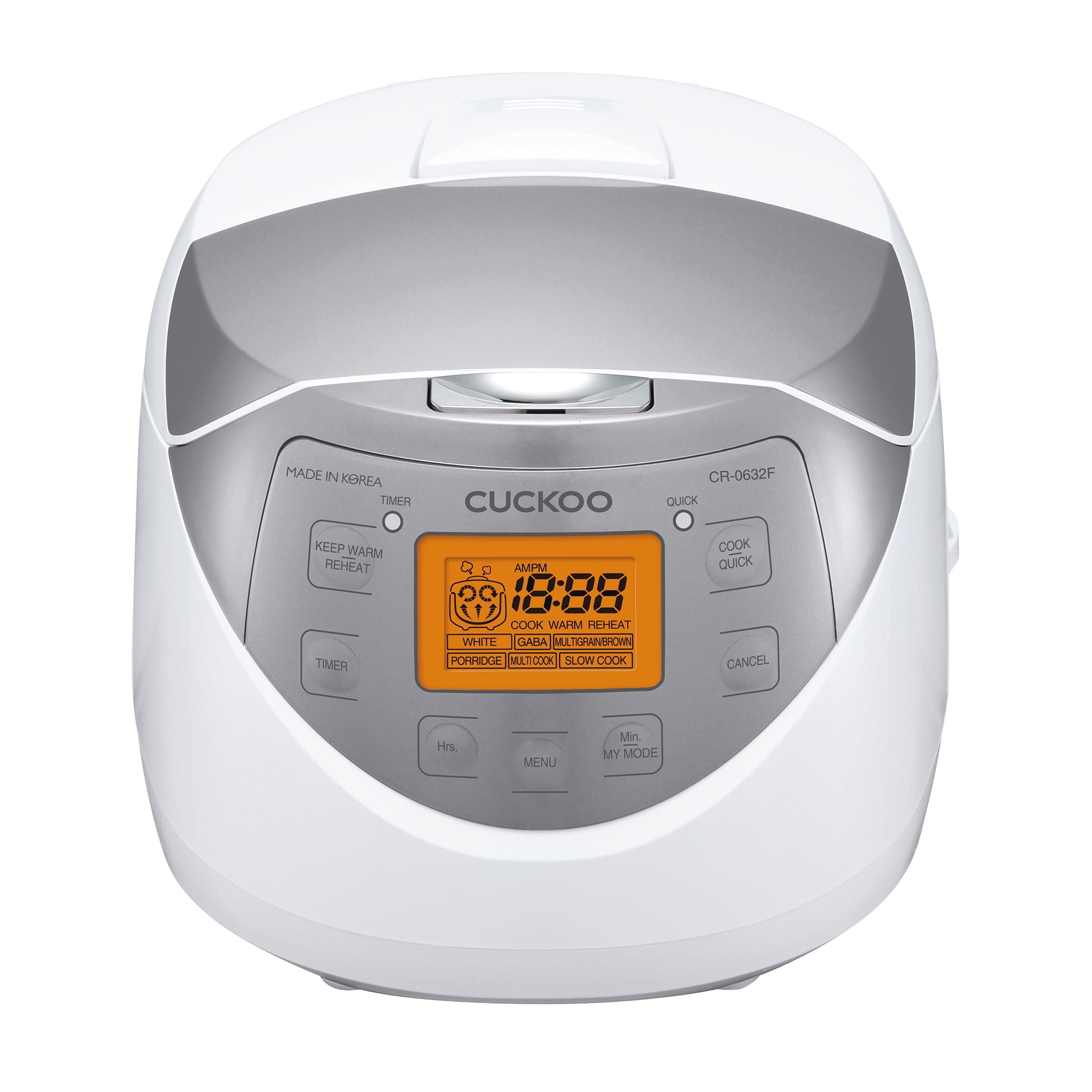 CR-0632F | 6-Cup (Uncooked) Micom Rice Cooker | 9 Menu Options: White Rice, Brown Rice & More, Nonstick Inner Pot, Made in Korea | White/Grey
