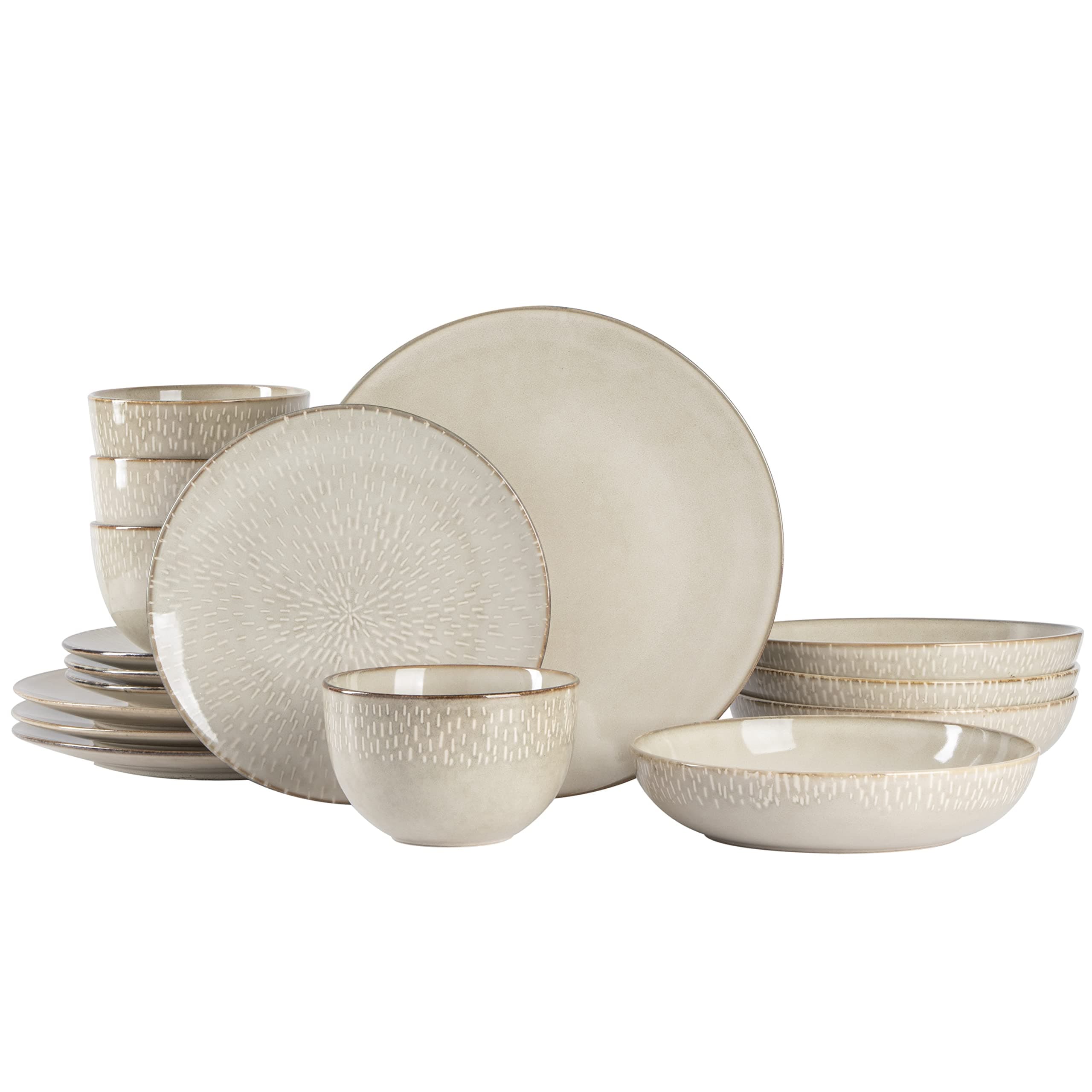 Matisse 16-Piece Double Bowl Dinnerware Set – Service for 4, Taupe Stoneware Plates and Bowls