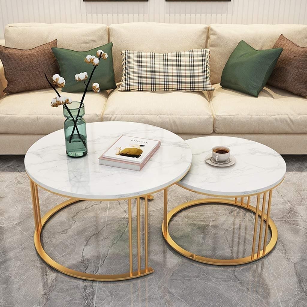 Expressow Round Side Tables, Modern Coffee Table with Marble Laminated Top, 2 Nesting Table Set with Storage Open Shelf for Living Room Modern Minimalist Style Furniture (Gold & White)
