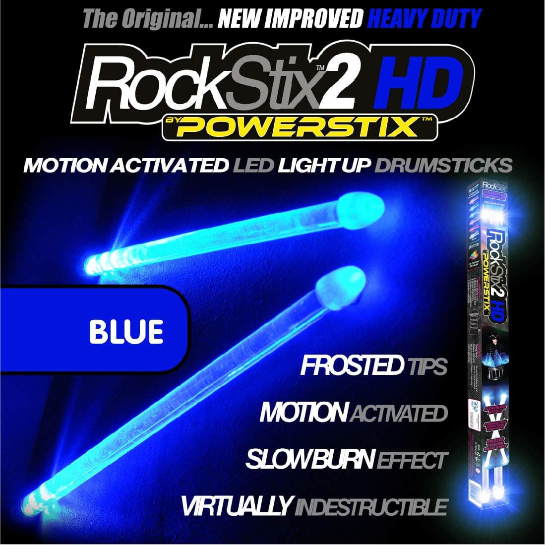 2 HD BLUE, BRIGHT LED LIGHT UP DRUMSTICKS, with fade effect, Set your gig on fire! (BLUE ROCKSTIX)