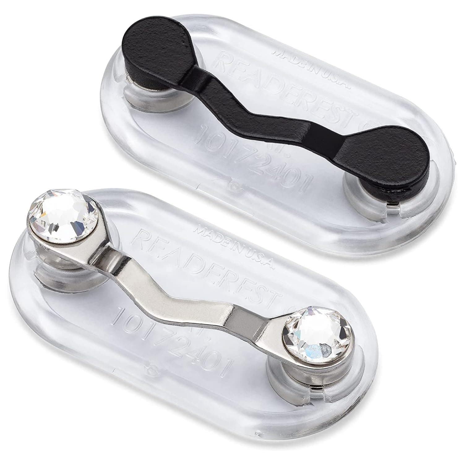 Readerest Magnetic Glasses Holders (2 Pack), Secure Clip for Reading Eyeglasses, Sunglasses & Work Badges, Glasses Holders for Men & Women, USA Made (Black & Stainless Steel + Crystals)