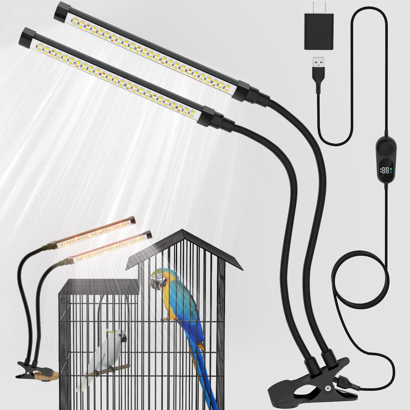 Bird Lighting Bird Cage Light Fixture Combo Kit Full Spectrum LED Pet Light, 15 Brightness Levels,24 Hours Timer, 100pcs LED Beads, Simulates Natural Environment