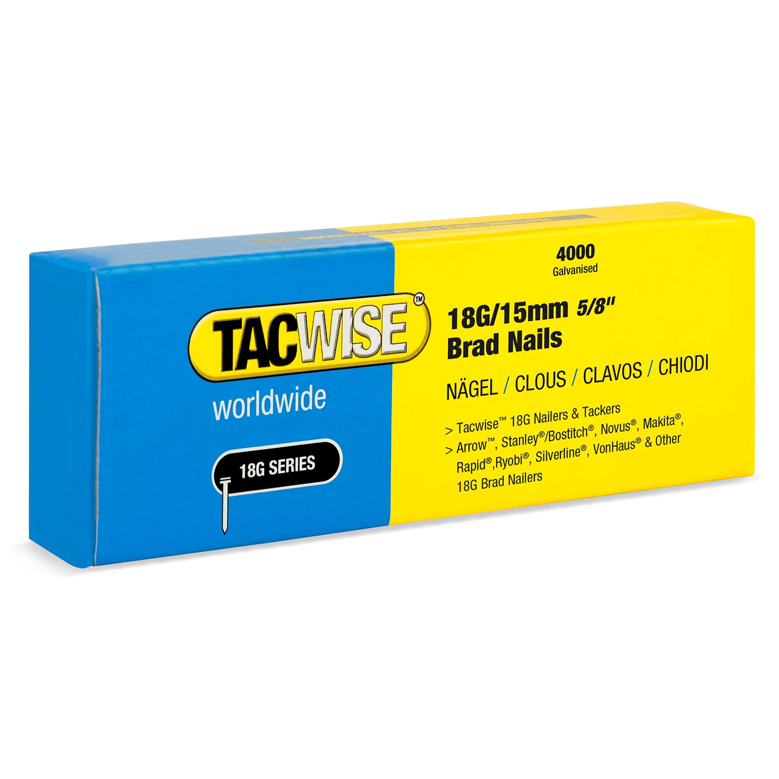 Tacwise 1708 Type 18G / 15 mm Galvanised Brad Nails, Pack of 4,000