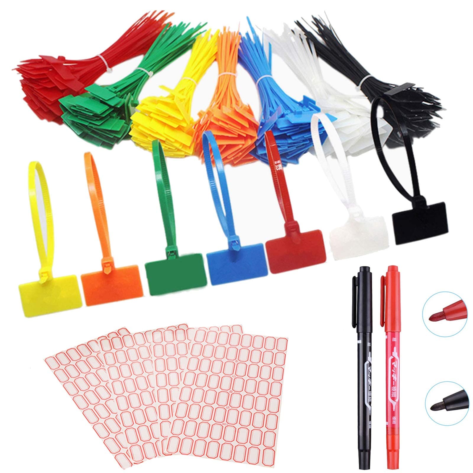175pcs Cable Labels Nylon Cable Ties Zip Ties Marker Ties, Self-Locking Cord Cable Management Wraps Power Making Label Mark Tags with 256pcs Labels Stickers and 2pcs Pen,7 Colors