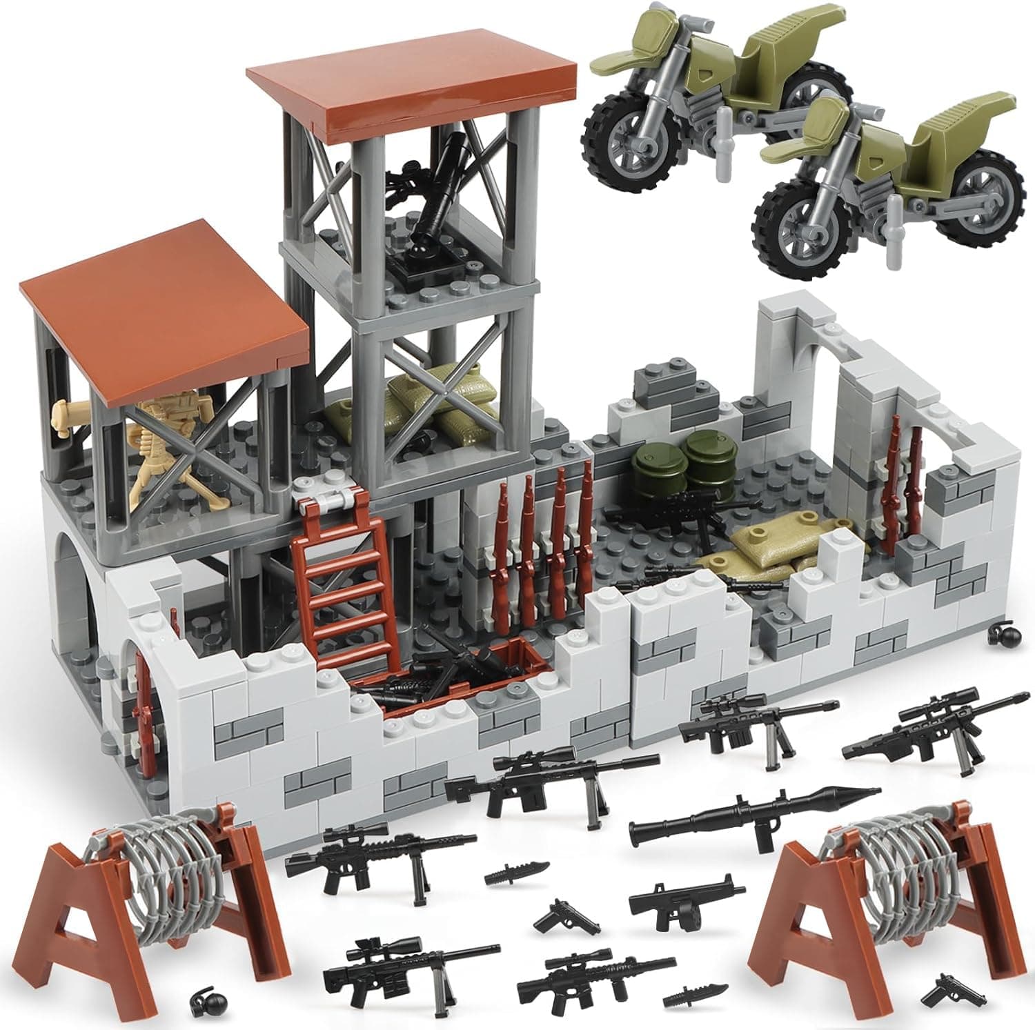 Military Base Building Block Set, WW2 Army Mini War Accessories Kits, Military Ruins Guard Tower Guns Army Castle Supplies Block Toy