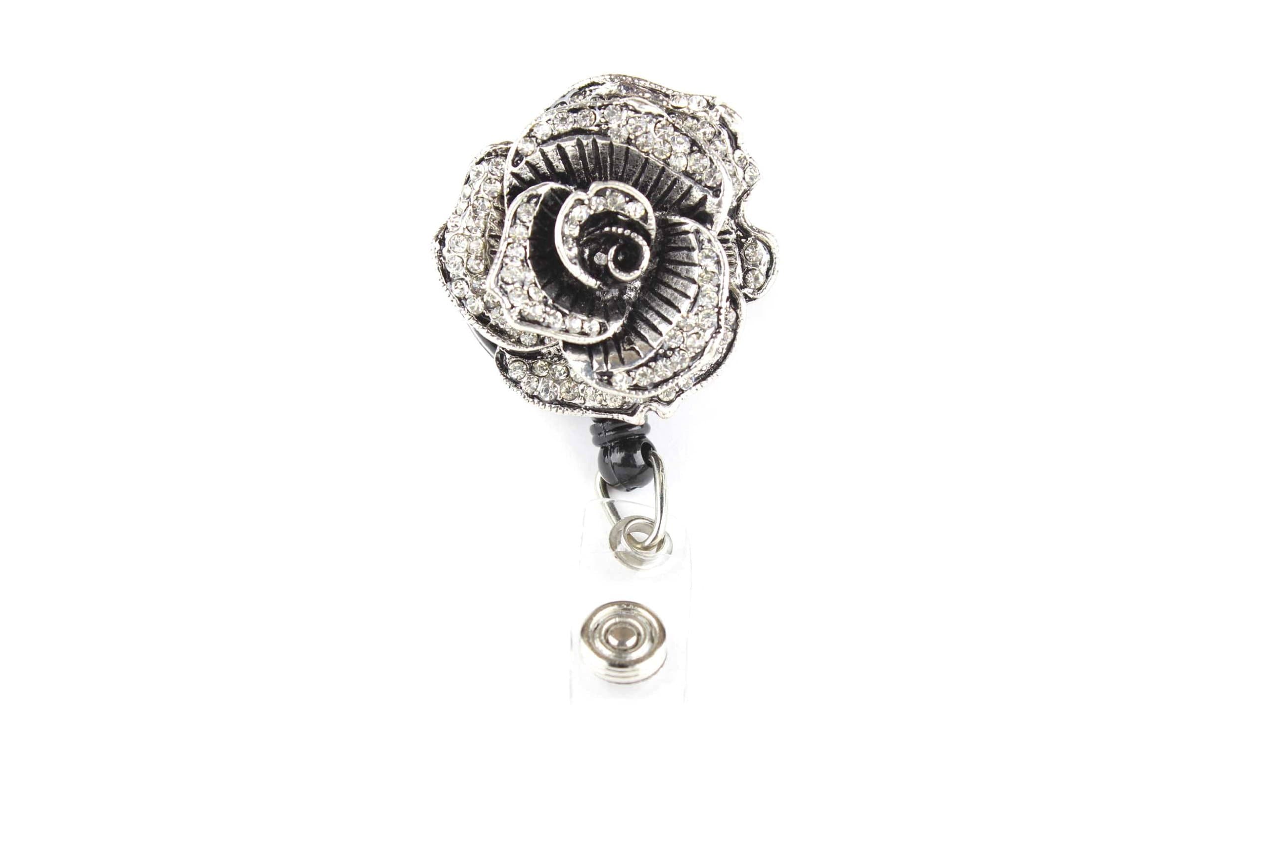 Diamond Rose Pull Reel Retractable ID Badge Holder with Rhinestones