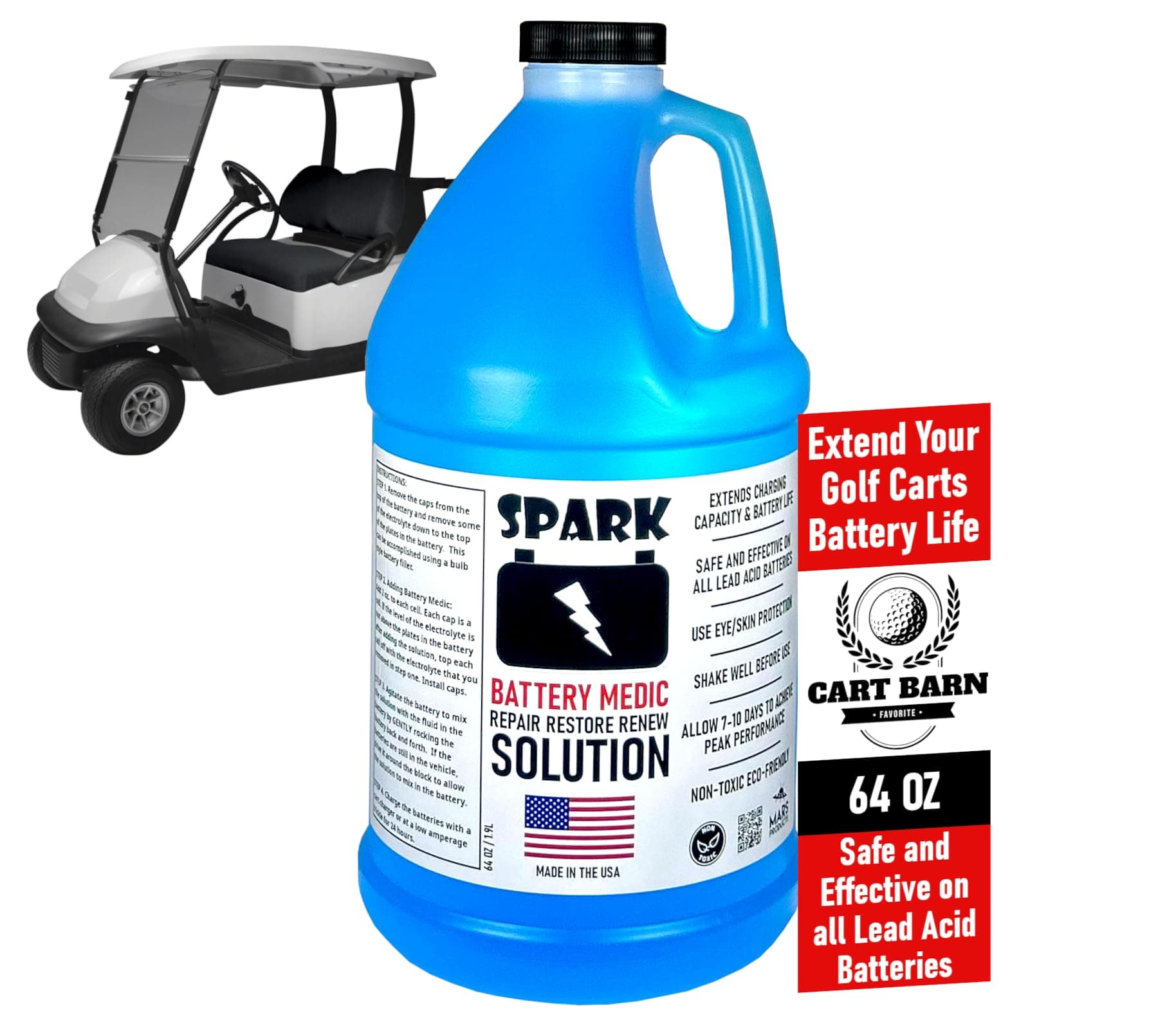 SPARK Golf Cart Battery Restore Liquid Solution - Restore - Repair - 6, 8, 12 Volt Lead Acid Batteries - Made in USA - Expands Charge Capacity - Extends Battery Life - Non-Toxic - Larger 64oz Bottle
