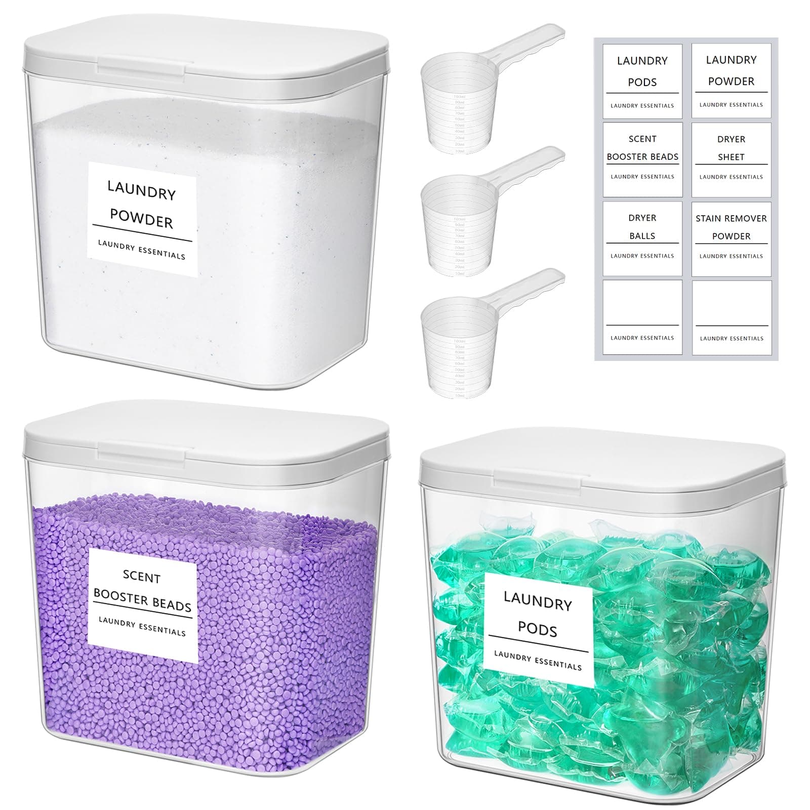 Lifewit 3 Pack Laundry Pods Container with Labels, Scoops and Pop-up Lid, Detergent/Powder/Capsule/Pot/Washing Tablets Storage Holder for Laundry, Bathroom, Kitchen Organisation, 2700 ml/0.72gal