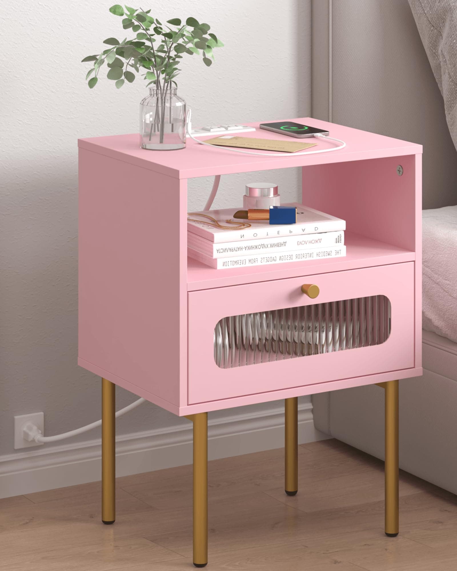 Nightstand,Modern Beside Table with Storage Drawer and Open Wood Shelf,Small End Side Table with Glass Decorative Door and Gold Frame,for Living Room,Bedroom (Pink-Outlet)